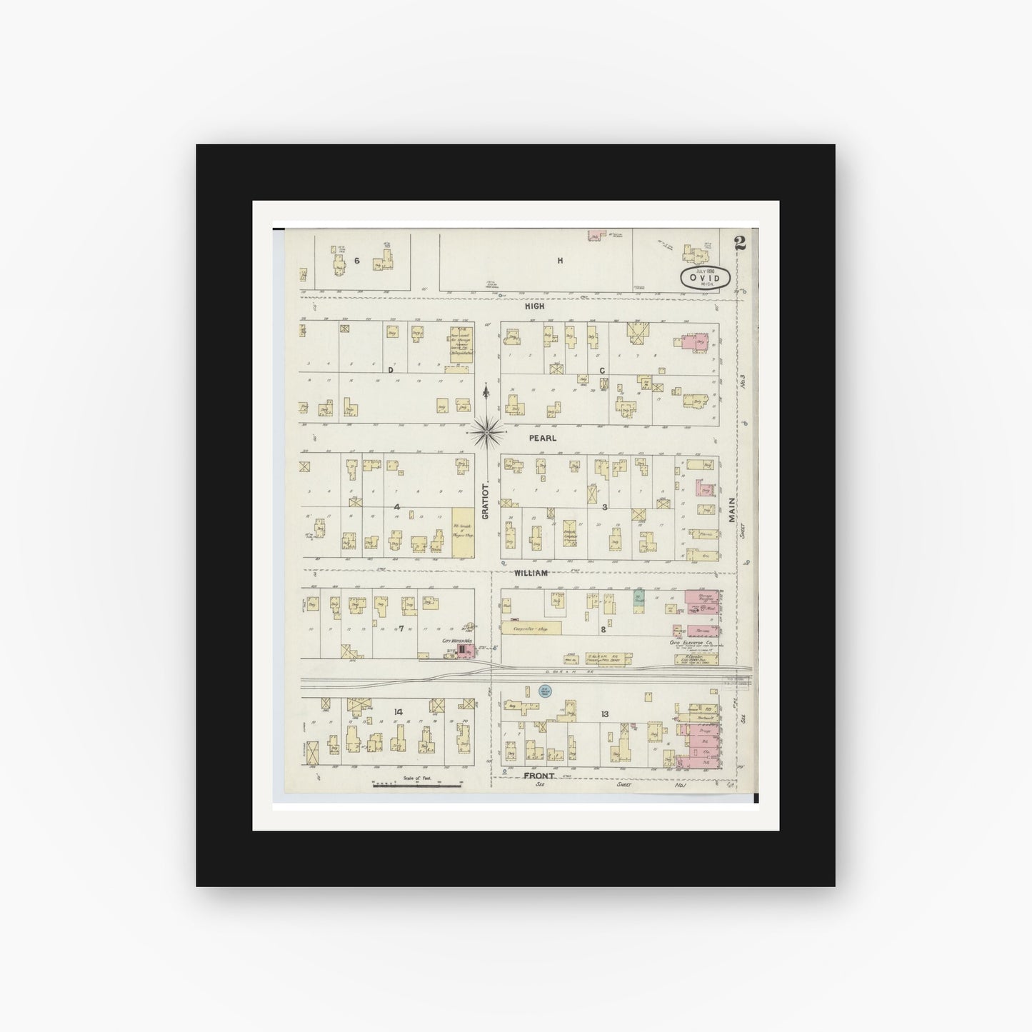 Old map wall art mockup — black gallery frame with white mat — Sanborn Fire Insurance Map from Ovid, Clinton County, Michigan (1890), Sheet #0002