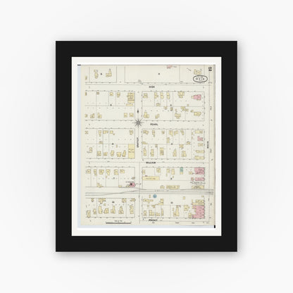 Old map wall art mockup — black gallery frame with white mat — Sanborn Fire Insurance Map from Ovid, Clinton County, Michigan (1890), Sheet #0002
