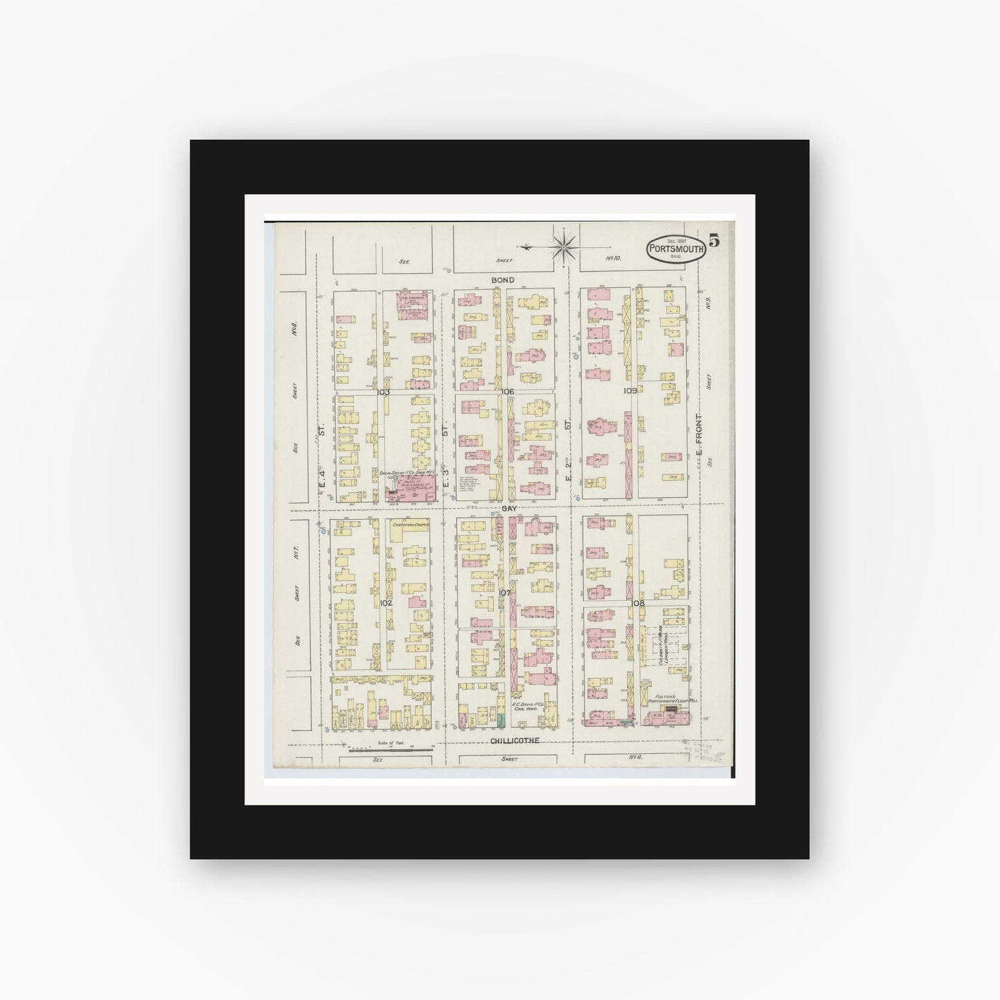 Old map wall art mockup — black gallery frame with white mat — Sanborn Fire Insurance Map from Portsmouth, Scioto County, Ohio (1887), Sheet #0005