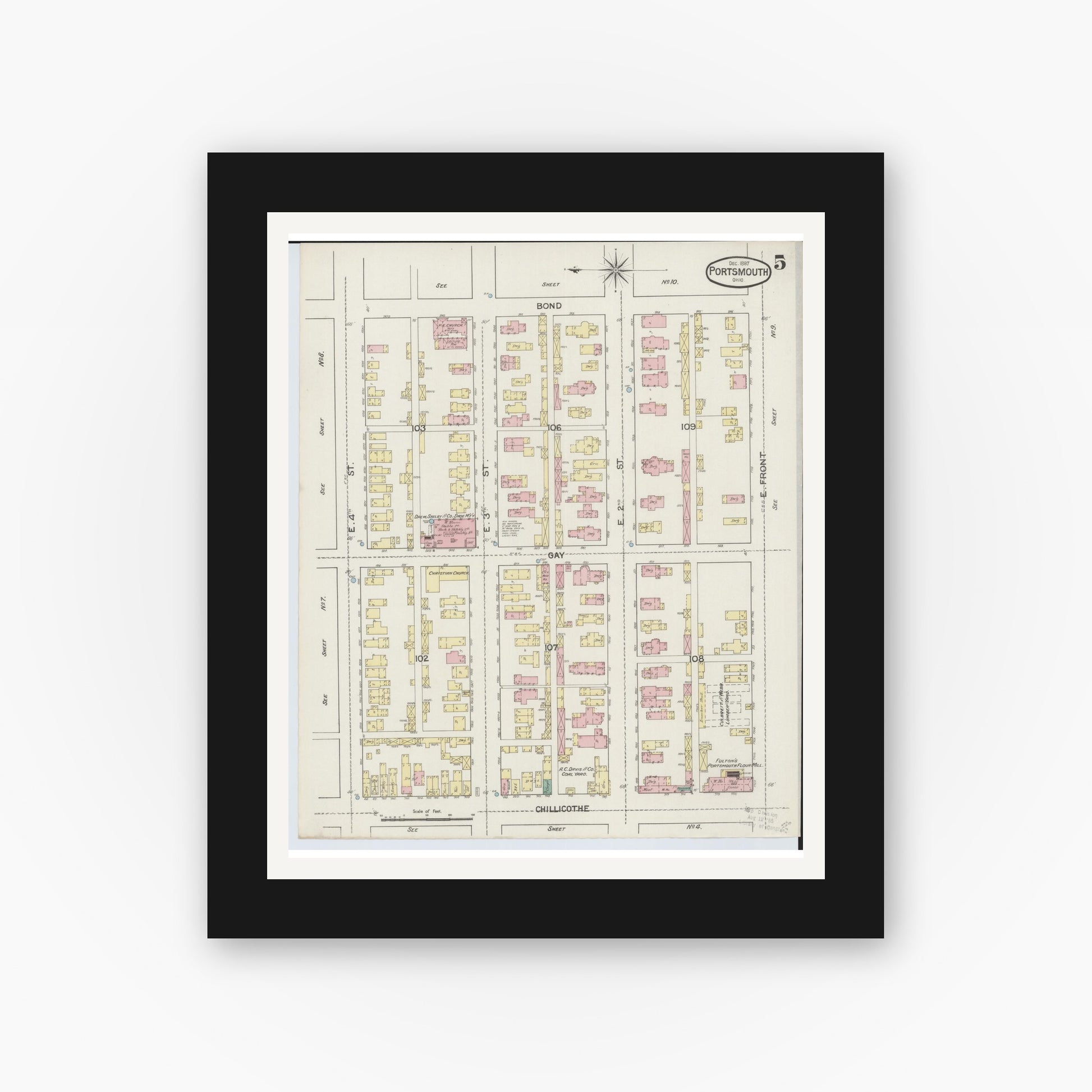 Old map wall art mockup — black gallery frame with white mat — Sanborn Fire Insurance Map from Portsmouth, Scioto County, Ohio (1887), Sheet #0005