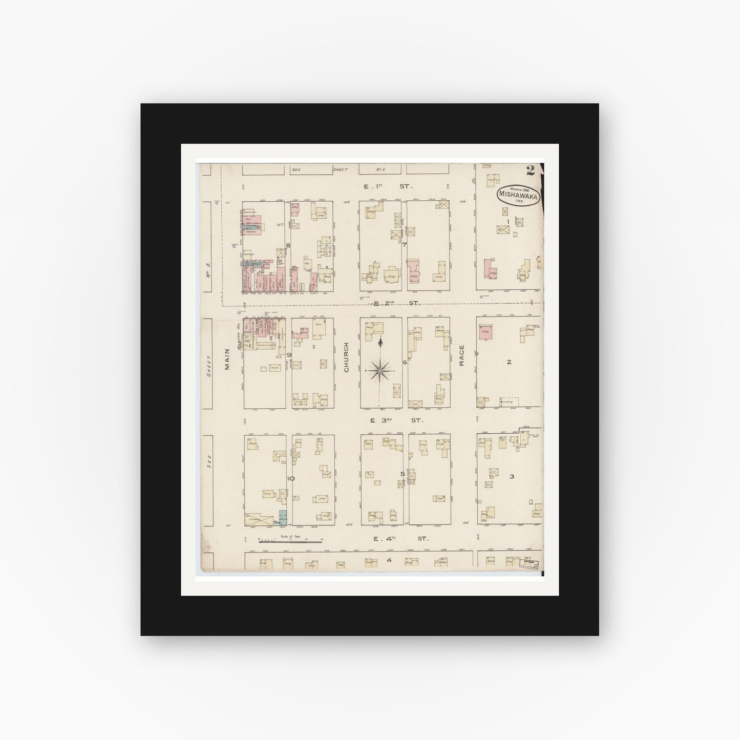 Old map wall art mockup — black gallery frame with white mat — Sanborn Fire Insurance Map from Mishawaka, Saint Joseph County, Indiana (1886), Sheet #0002