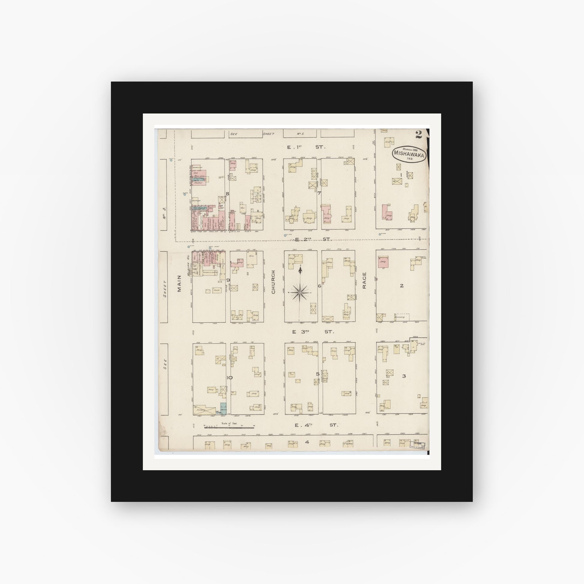 Old map wall art mockup — black gallery frame with white mat — Sanborn Fire Insurance Map from Mishawaka, Saint Joseph County, Indiana (1886), Sheet #0002