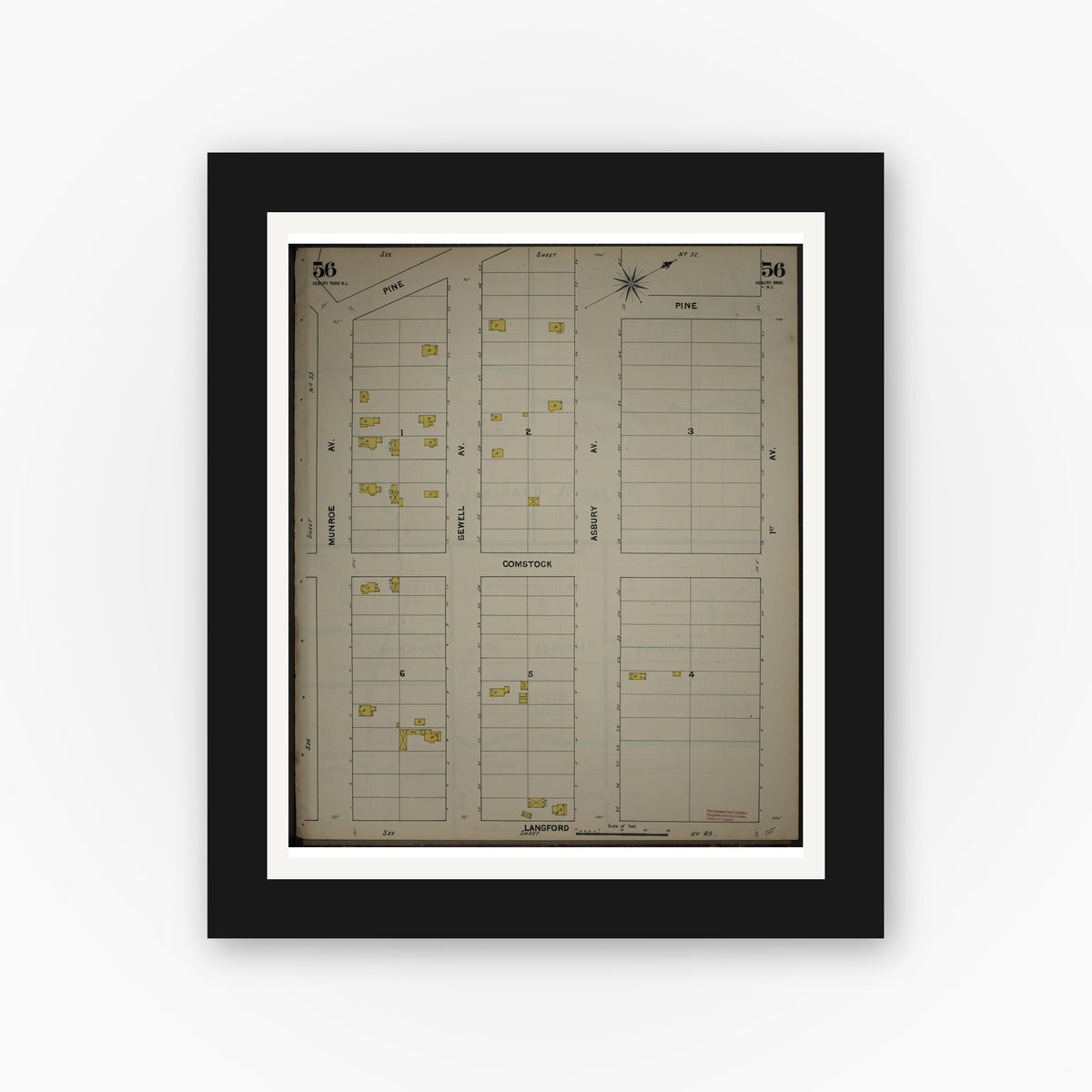 Old map wall art mockup — black gallery frame with white mat — Sanborn Fire Insurance Map from New Jersey Coast, New Jersey Coast, New Jersey (1890), Sheet #0056