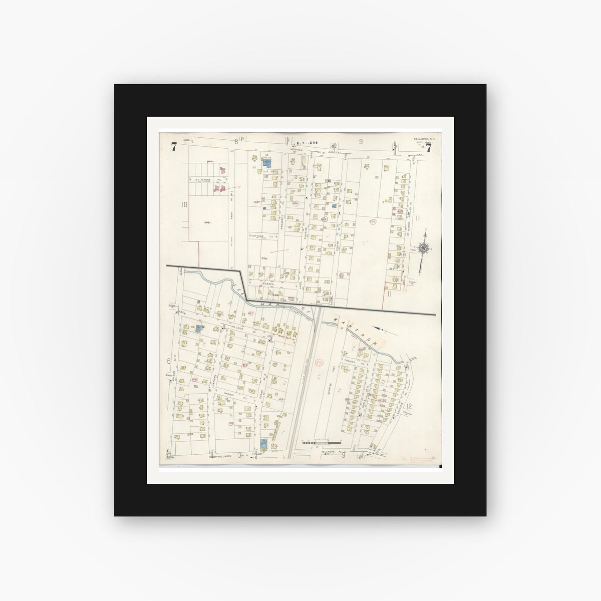 Old map wall art mockup — black gallery frame with white mat — Sanborn Fire Insurance Map from Bellmore, Nassau County, New York (1945), Sheet #0007