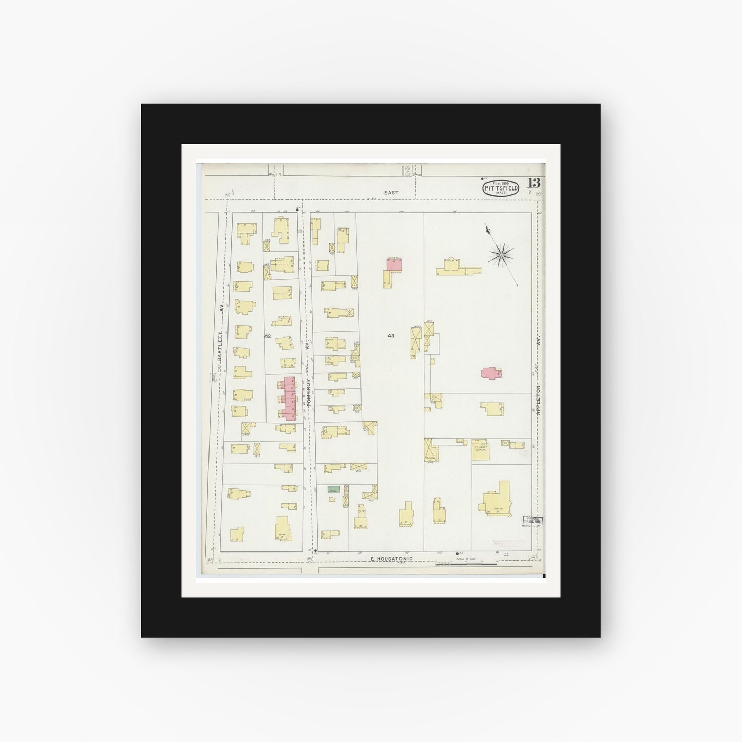 Old map wall art mockup — black gallery frame with white mat — Sanborn Fire Insurance Map from Pittsfield, Berkshire County, Massachusetts (1895), Sheet #0013
