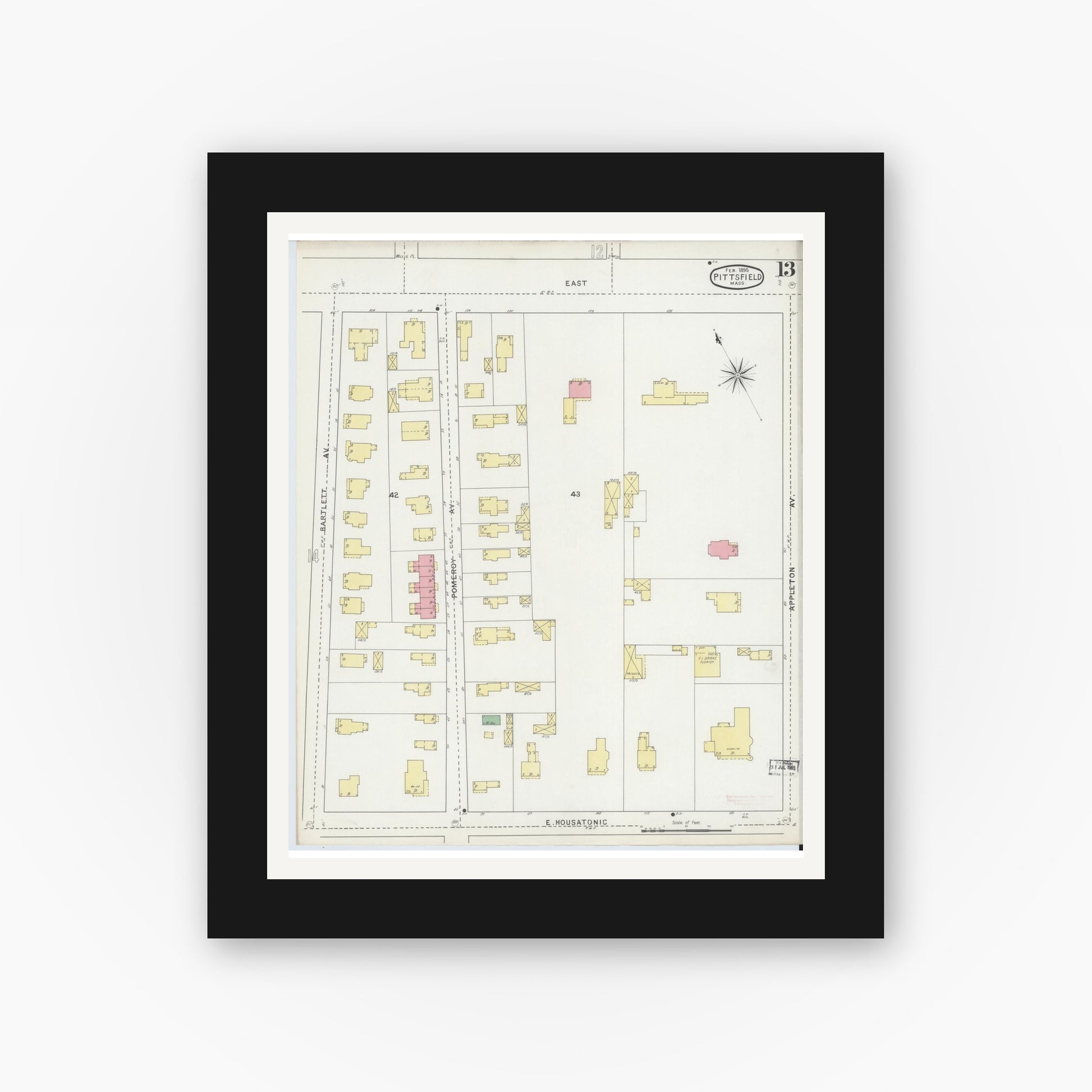 Old map wall art mockup — black gallery frame with white mat — Sanborn Fire Insurance Map from Pittsfield, Berkshire County, Massachusetts (1895), Sheet #0013