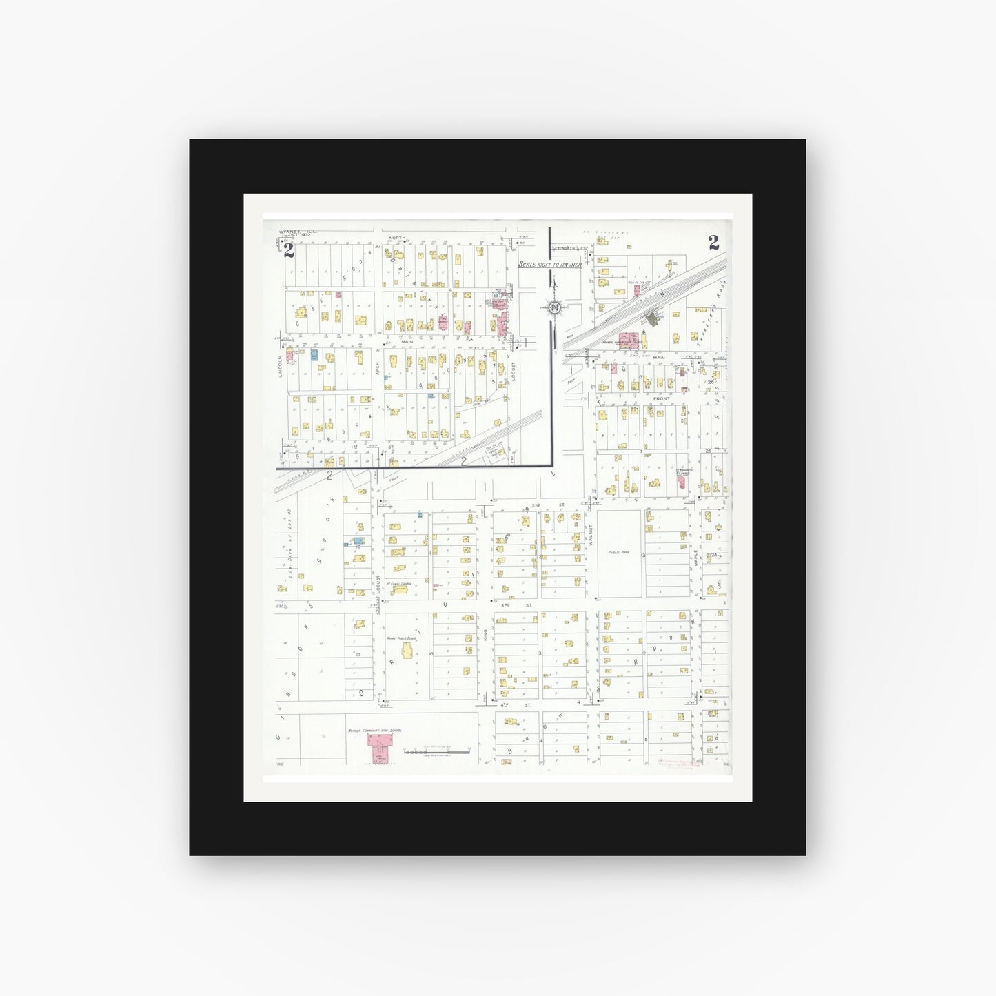 Old map wall art mockup — black gallery frame with white mat — Sanborn Fire Insurance Map from Wyanet, Bureau County, Illinois (1932), Sheet #0002