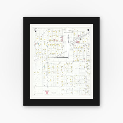 Old map wall art mockup — black gallery frame with white mat — Sanborn Fire Insurance Map from Wyanet, Bureau County, Illinois (1932), Sheet #0002
