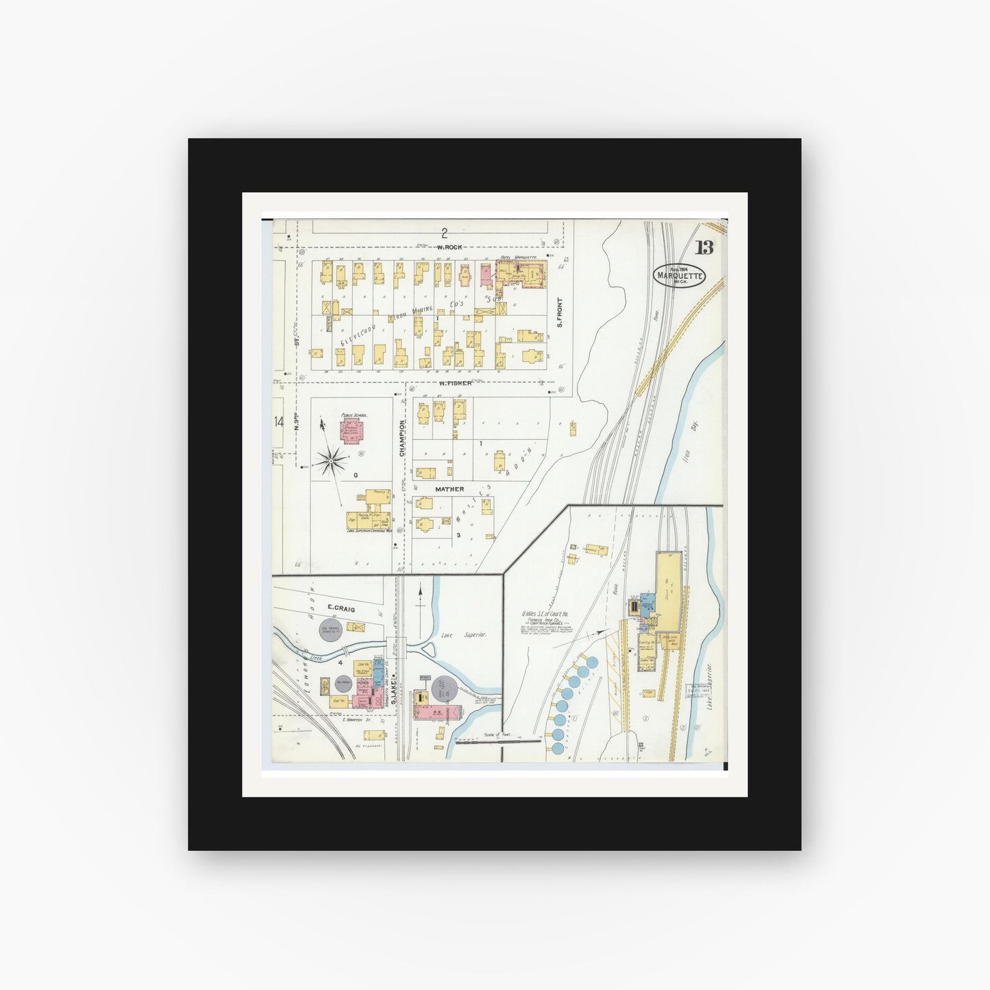 Old map wall art mockup — black gallery frame with white mat — Sanborn Fire Insurance Map from Marquette, Marquette County, Michigan (1904), Sheet #0013