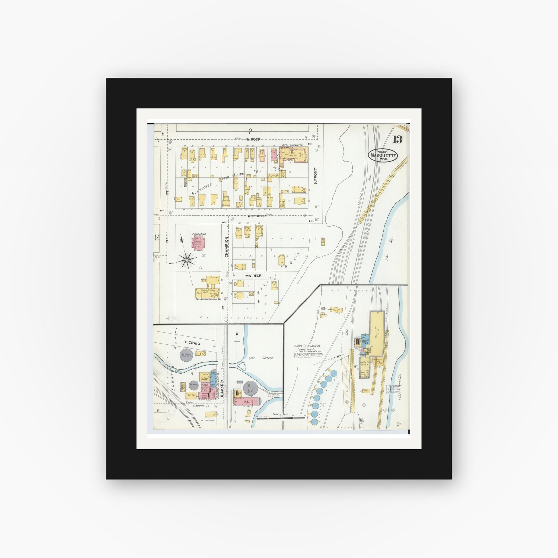 Old map wall art mockup — black gallery frame with white mat — Sanborn Fire Insurance Map from Marquette, Marquette County, Michigan (1904), Sheet #0013