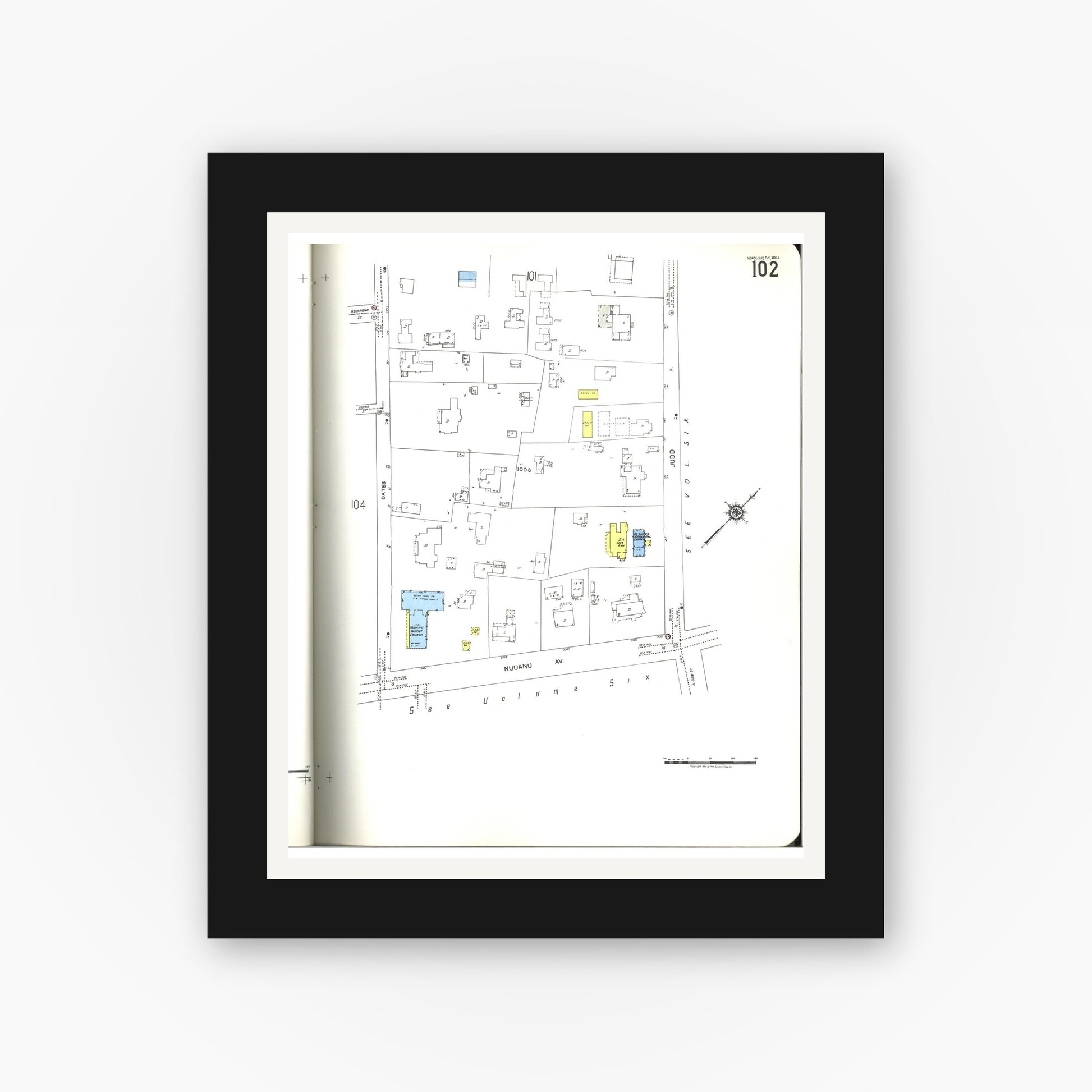 Old map wall art mockup — black gallery frame with white mat — Sanborn Fire Insurance Map from Honolulu, Oahu County, Hawaii (1955), Sheet #0102