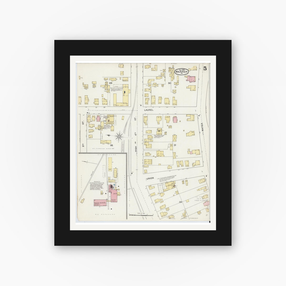 Old map wall art mockup — black gallery frame with white mat — Sanborn Fire Insurance Map from Warren, Warren County, Pennsylvania (1892), Sheet #0005