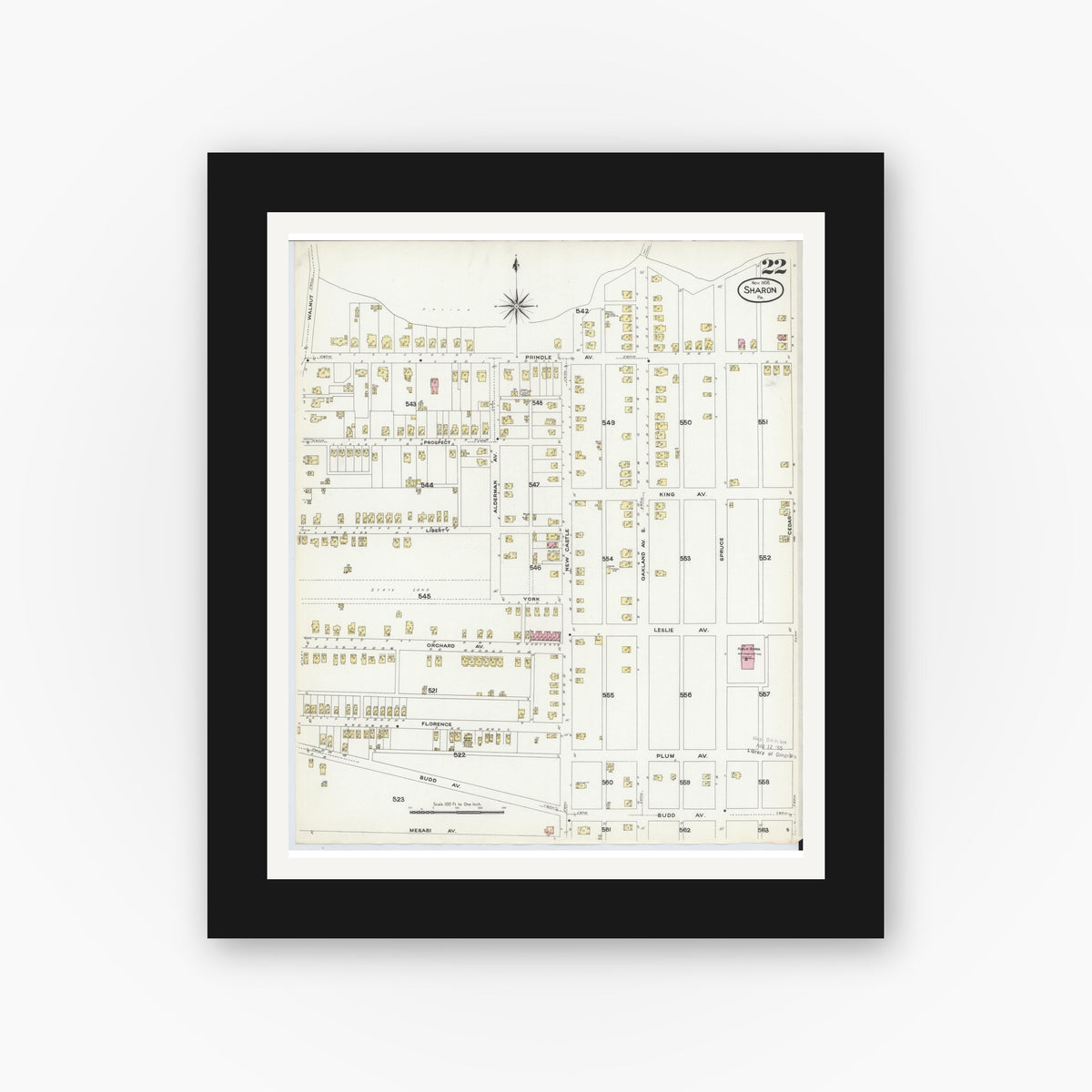 Old map wall art mockup — black gallery frame with white mat — Sanborn Fire Insurance Map from Sharon, Mercer County, Pennsylvania (1908), Sheet #0022
