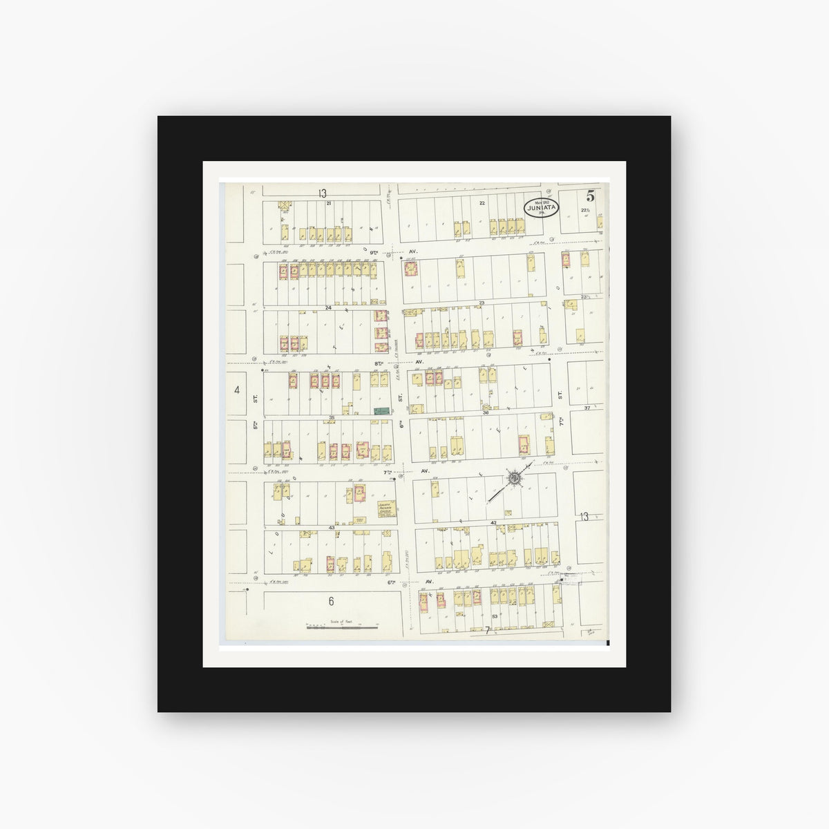 Old map wall art mockup — black gallery frame with white mat — Sanborn Fire Insurance Map from Juniata, Blair County, Pennsylvania (1910), Sheet #0005