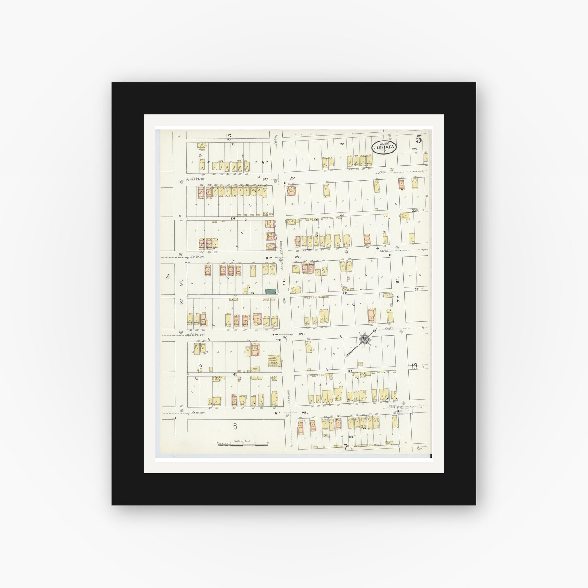Old map wall art mockup — black gallery frame with white mat — Sanborn Fire Insurance Map from Juniata, Blair County, Pennsylvania (1910), Sheet #0005