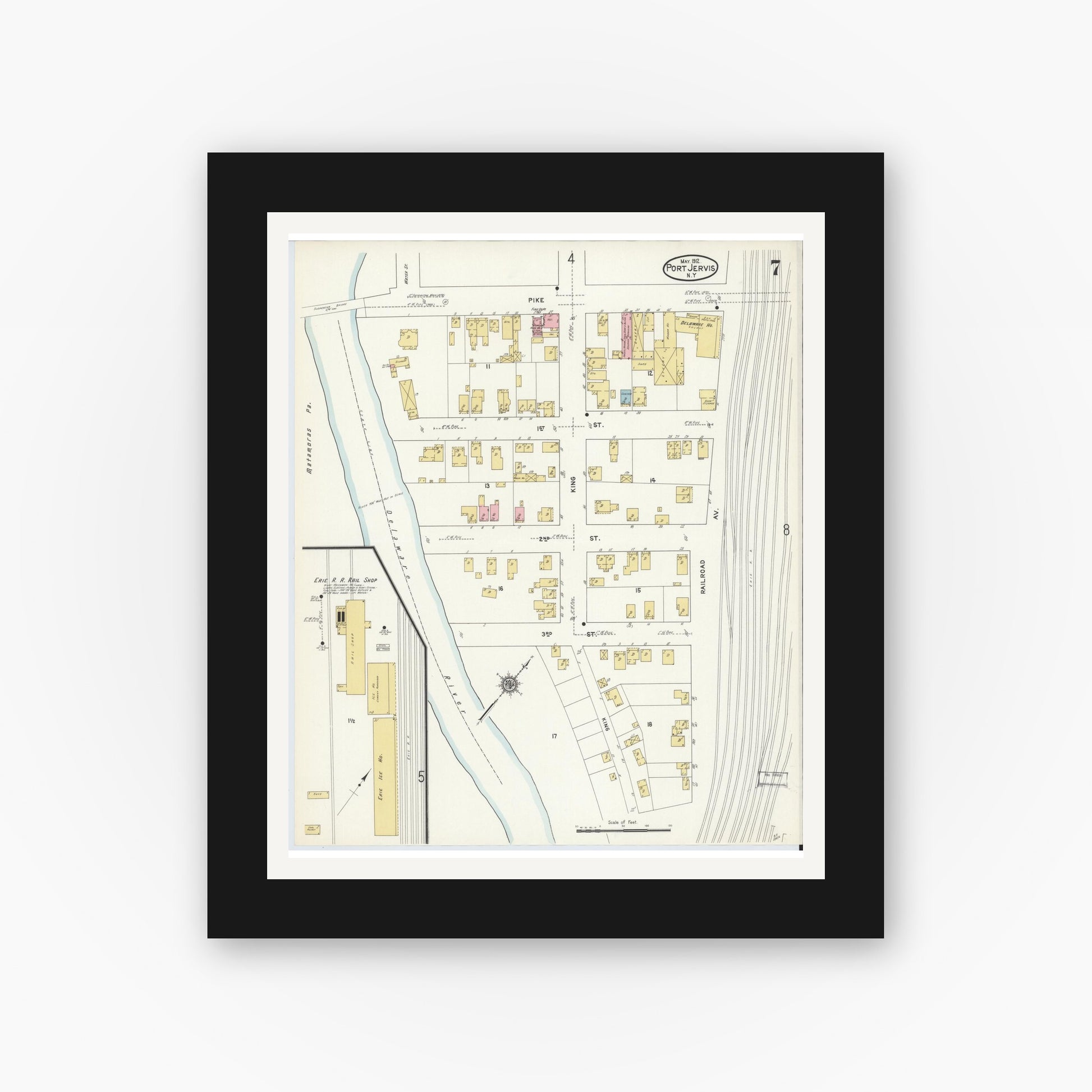 Old map wall art mockup — black gallery frame with white mat — Sanborn Fire Insurance Map from Port Jervis, Orange County, New York (1912), Sheet #0007