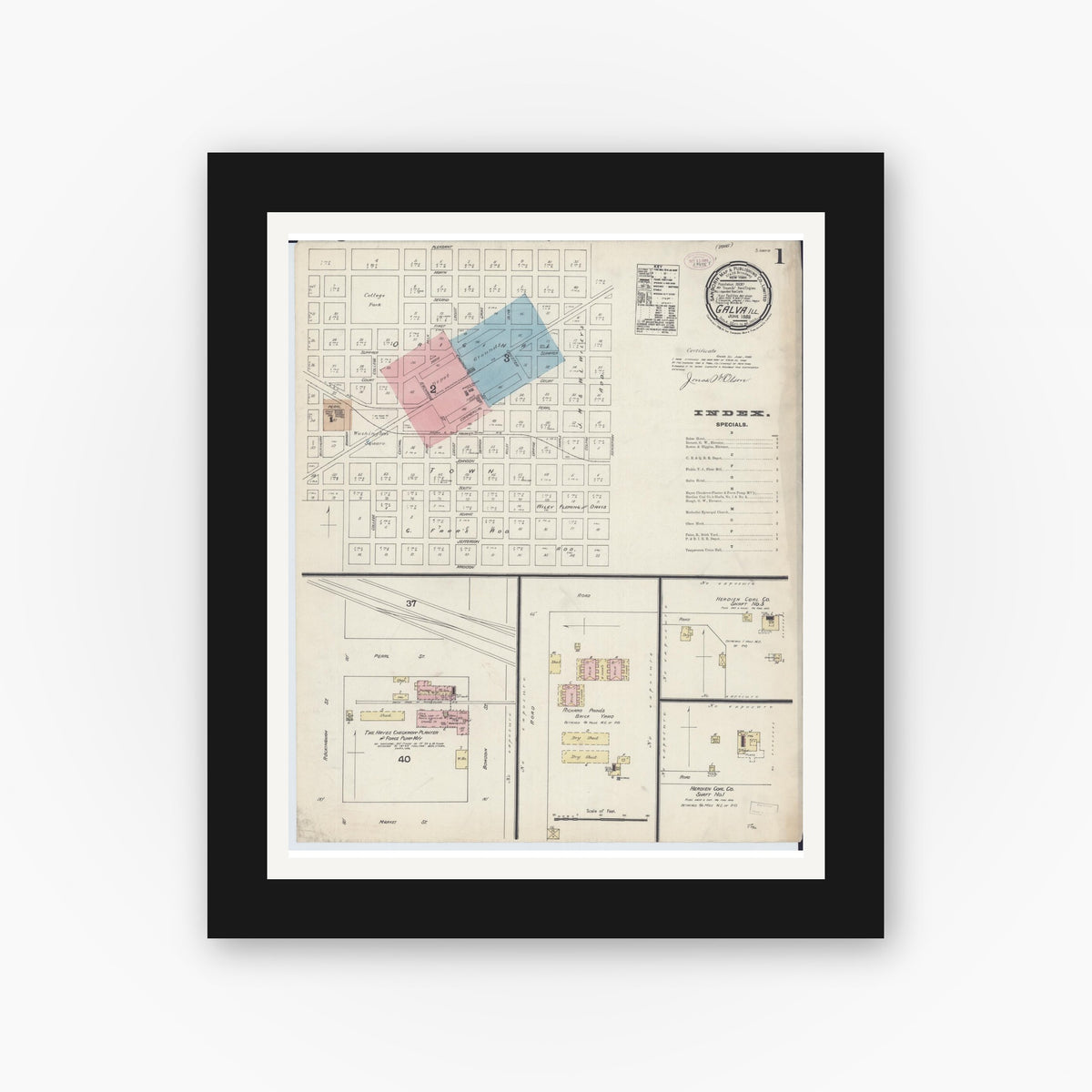 Old map wall art mockup — black gallery frame with white mat — Sanborn Fire Insurance Map from Galva, Henry County, Illinois (1888) - Complete Map Set
