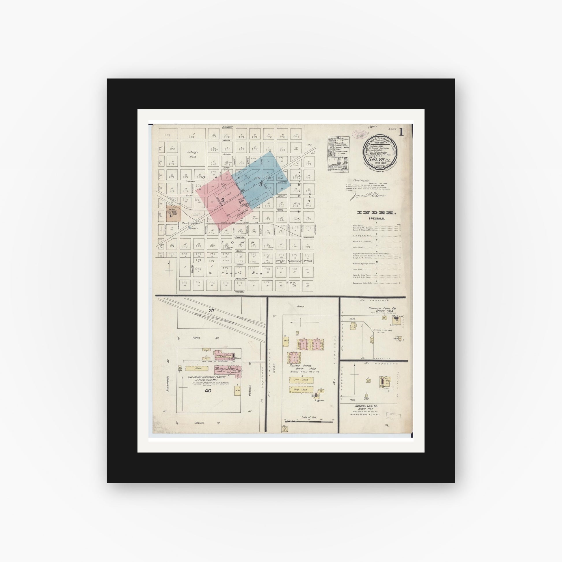 Old map wall art mockup — black gallery frame with white mat — Sanborn Fire Insurance Map from Galva, Henry County, Illinois (1888) - Complete Map Set