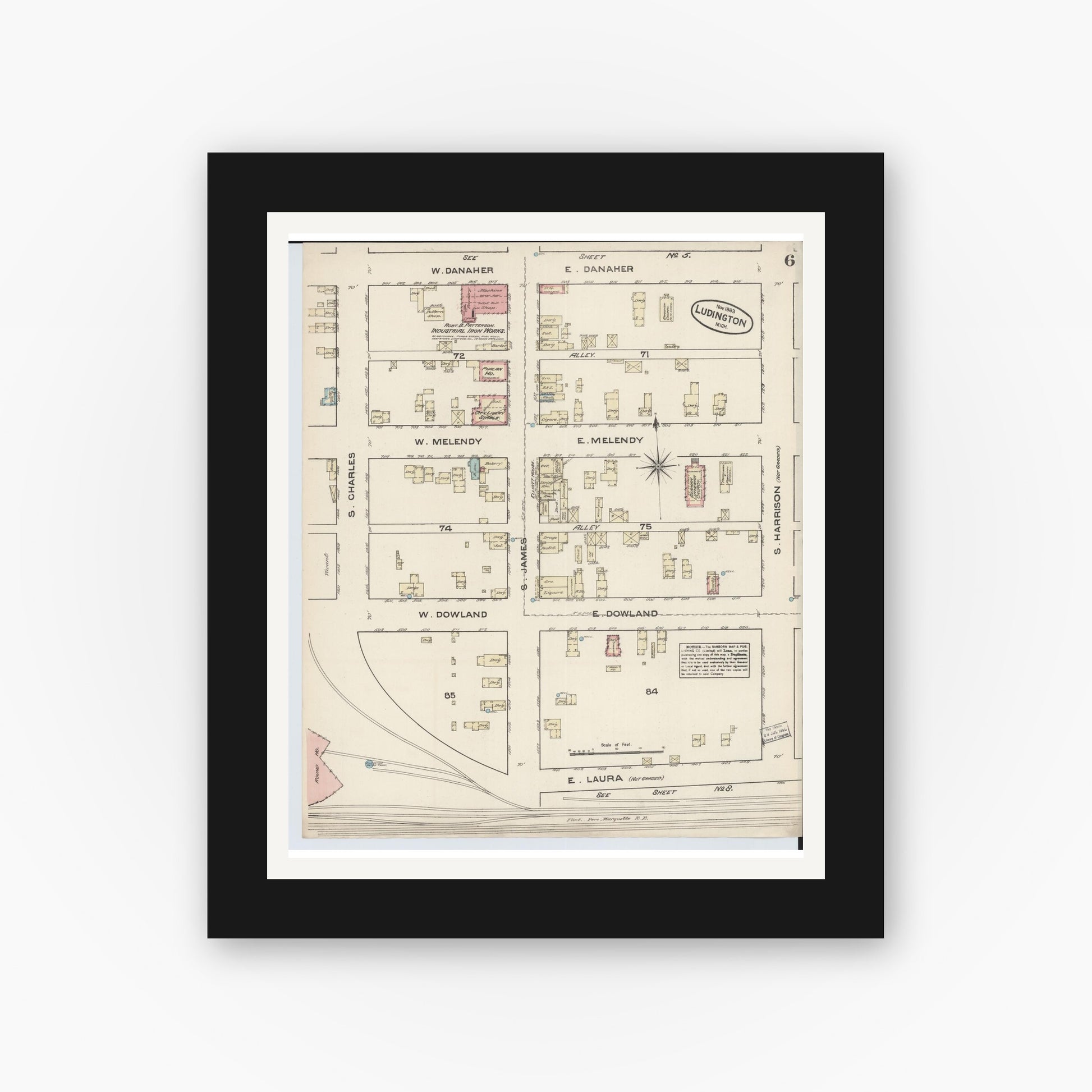 Old map wall art mockup — black gallery frame with white mat — Sanborn Fire Insurance Map from Ludington, Mason County, Michigan (1883), Sheet #0006