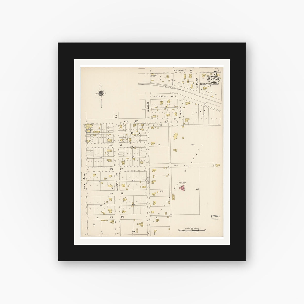 Old map wall art mockup — black gallery frame with white mat — Sanborn Fire Insurance Map from Flatonia, Fayette County, Texas (1922), Sheet #0005