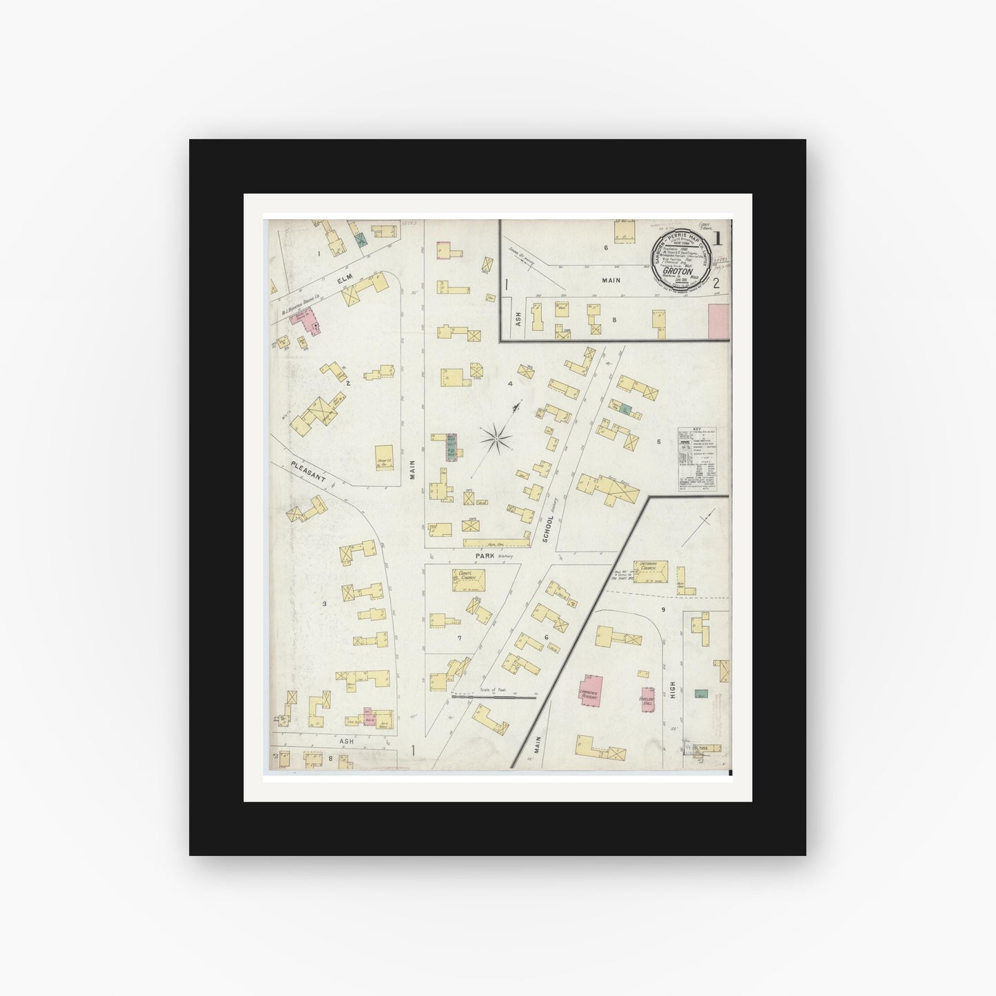 Old map wall art mockup — black gallery frame with white mat — Sanborn Fire Insurance Map from Groton, Middlesex County, Massachusetts (1896), Sheet #0001