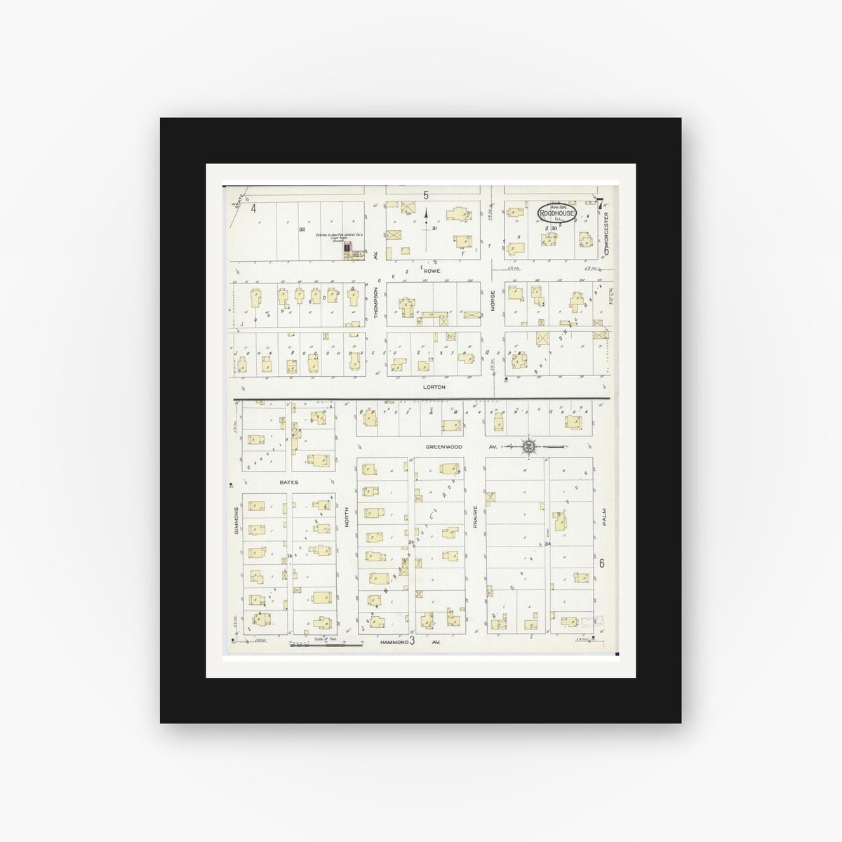 Old map wall art mockup — black gallery frame with white mat — Sanborn Fire Insurance Map from Roodhouse, Greene County, Illinois (1914), Sheet #0007
