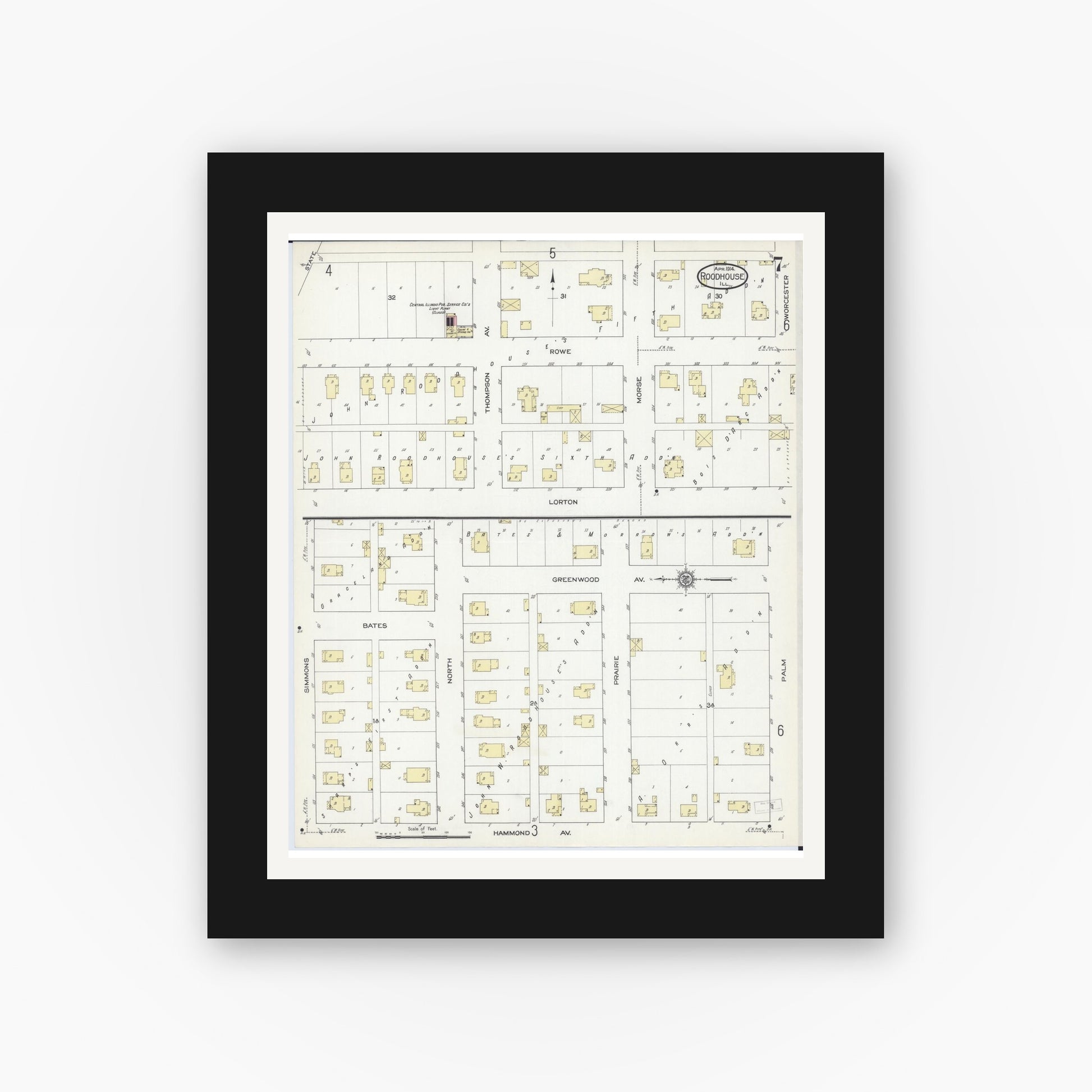 Old map wall art mockup — black gallery frame with white mat — Sanborn Fire Insurance Map from Roodhouse, Greene County, Illinois (1914), Sheet #0007
