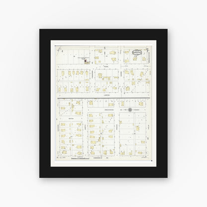 Old map wall art mockup — black gallery frame with white mat — Sanborn Fire Insurance Map from Roodhouse, Greene County, Illinois (1914), Sheet #0007