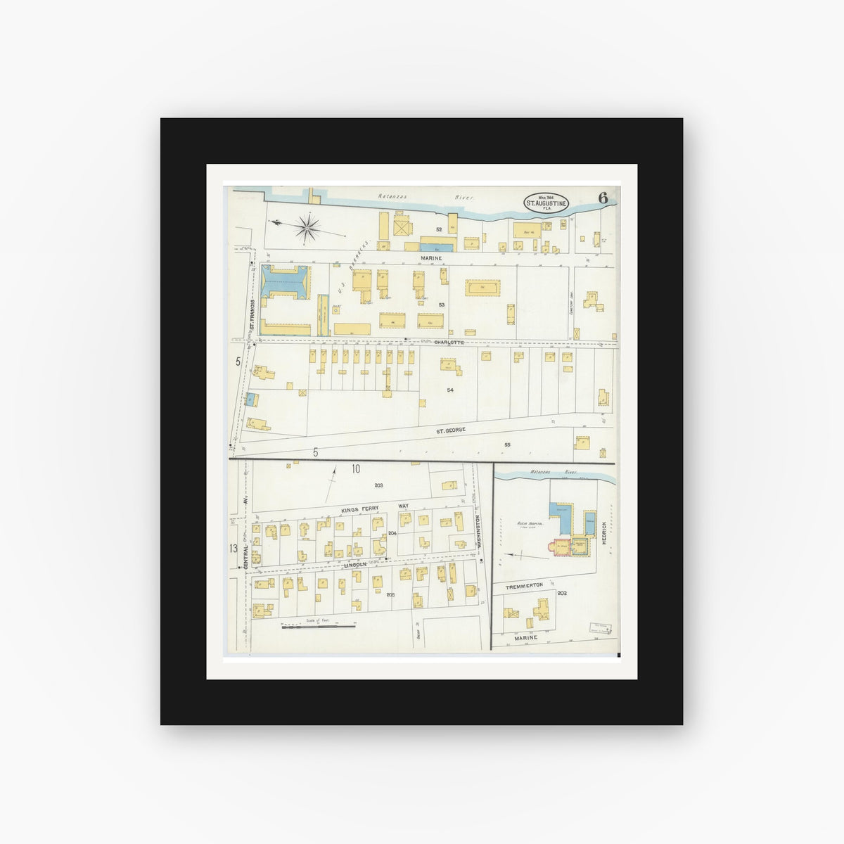 Old map wall art mockup — black gallery frame with white mat — Sanborn Fire Insurance Map from Saint Augustine, Saint John's County, Florida (1904), Sheet #0006