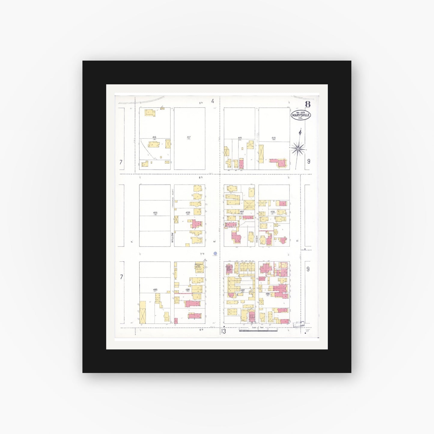 Old map wall art mockup — black gallery frame with white mat — Sanborn Fire Insurance Map from Marysville, Yuba County, California (1909), Sheet #0008