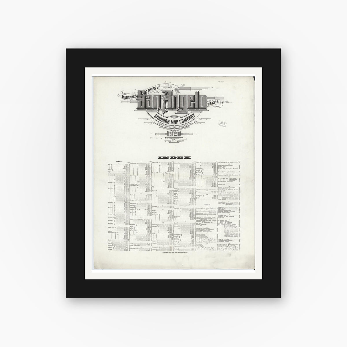 Old map wall art mockup — black gallery frame with white mat — Sanborn Fire Insurance Map from San Angelo, Tom Green County, Texas (1920), Sheet #0001