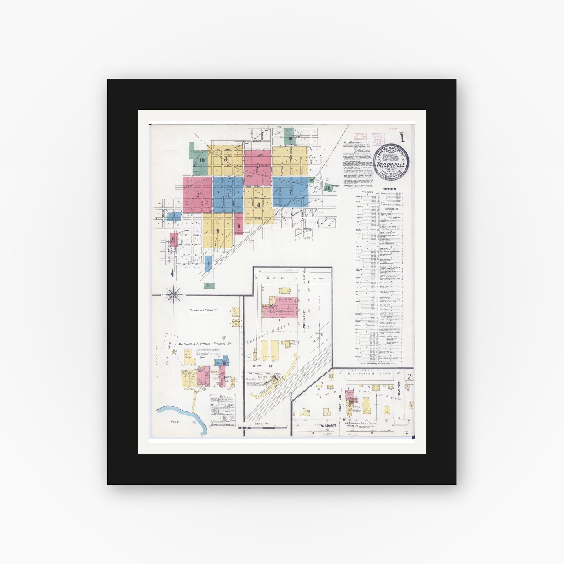 Old map wall art mockup — black gallery frame with white mat — Sanborn Fire Insurance Map from Taylorville, Christian County, Illinois (1906) - Complete Map Set