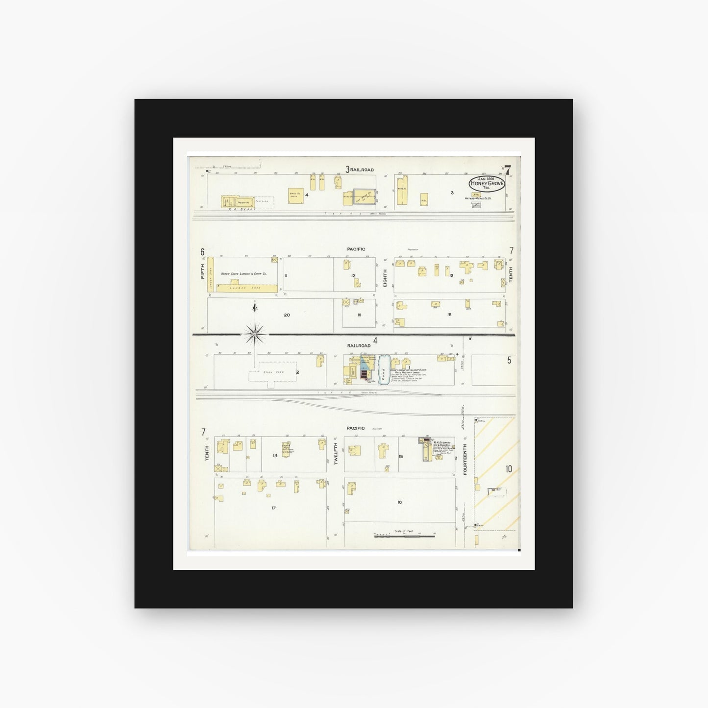 Old map wall art mockup — black gallery frame with white mat — Sanborn Fire Insurance Map from Honey Grove, Fannin County, Texas (1909), Sheet #0007