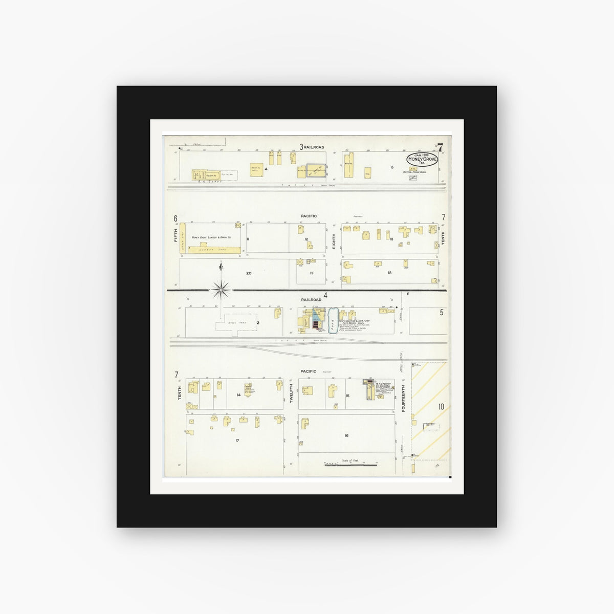 Old map wall art mockup — black gallery frame with white mat — Sanborn Fire Insurance Map from Honey Grove, Fannin County, Texas (1909), Sheet #0007