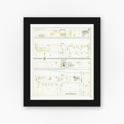 Old map wall art mockup — black gallery frame with white mat — Sanborn Fire Insurance Map from Honey Grove, Fannin County, Texas (1909), Sheet #0007