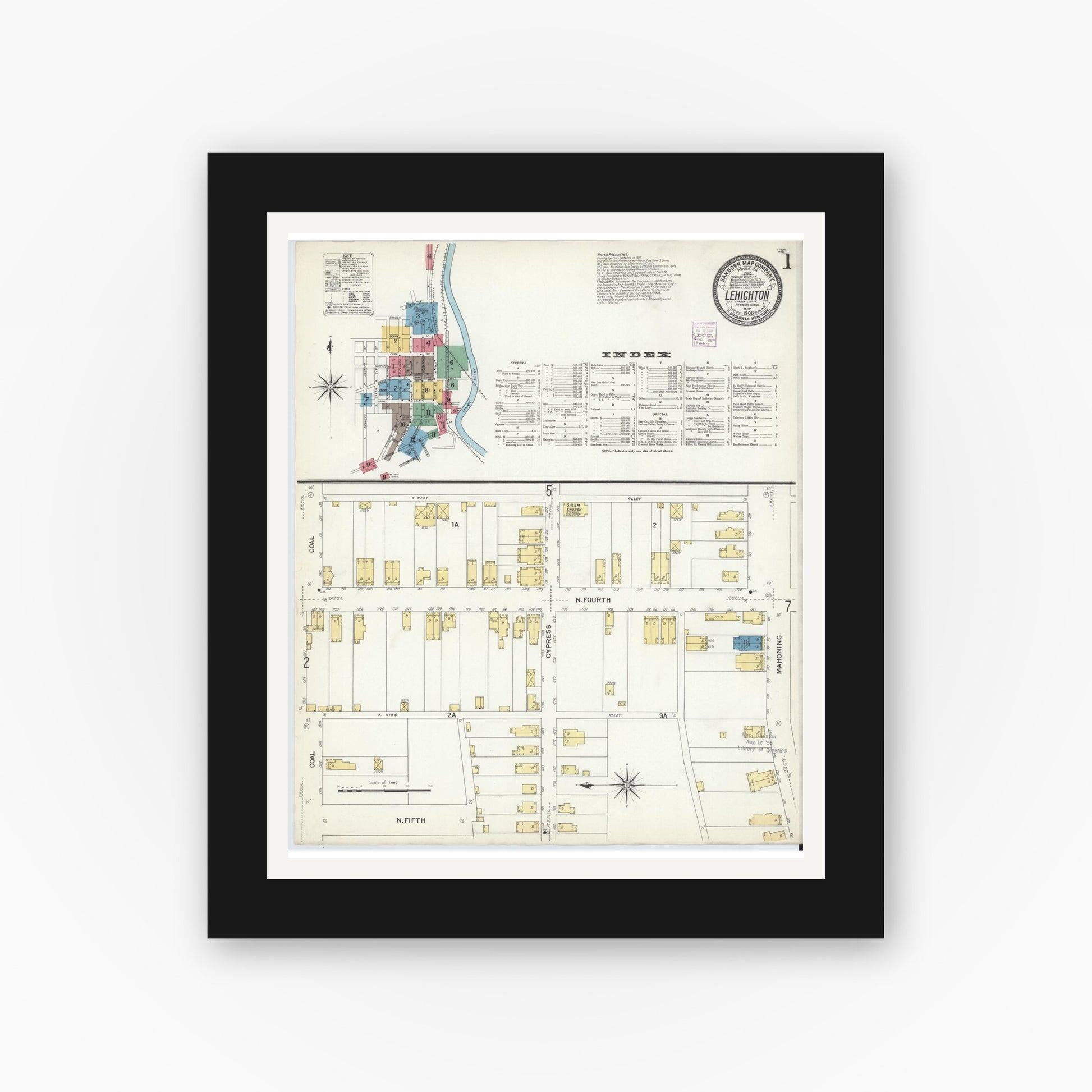 Old map wall art mockup — black gallery frame with white mat — Sanborn Fire Insurance Map from Lehighton, Carbon County, Pennsylvania (1908) - Complete Map Set