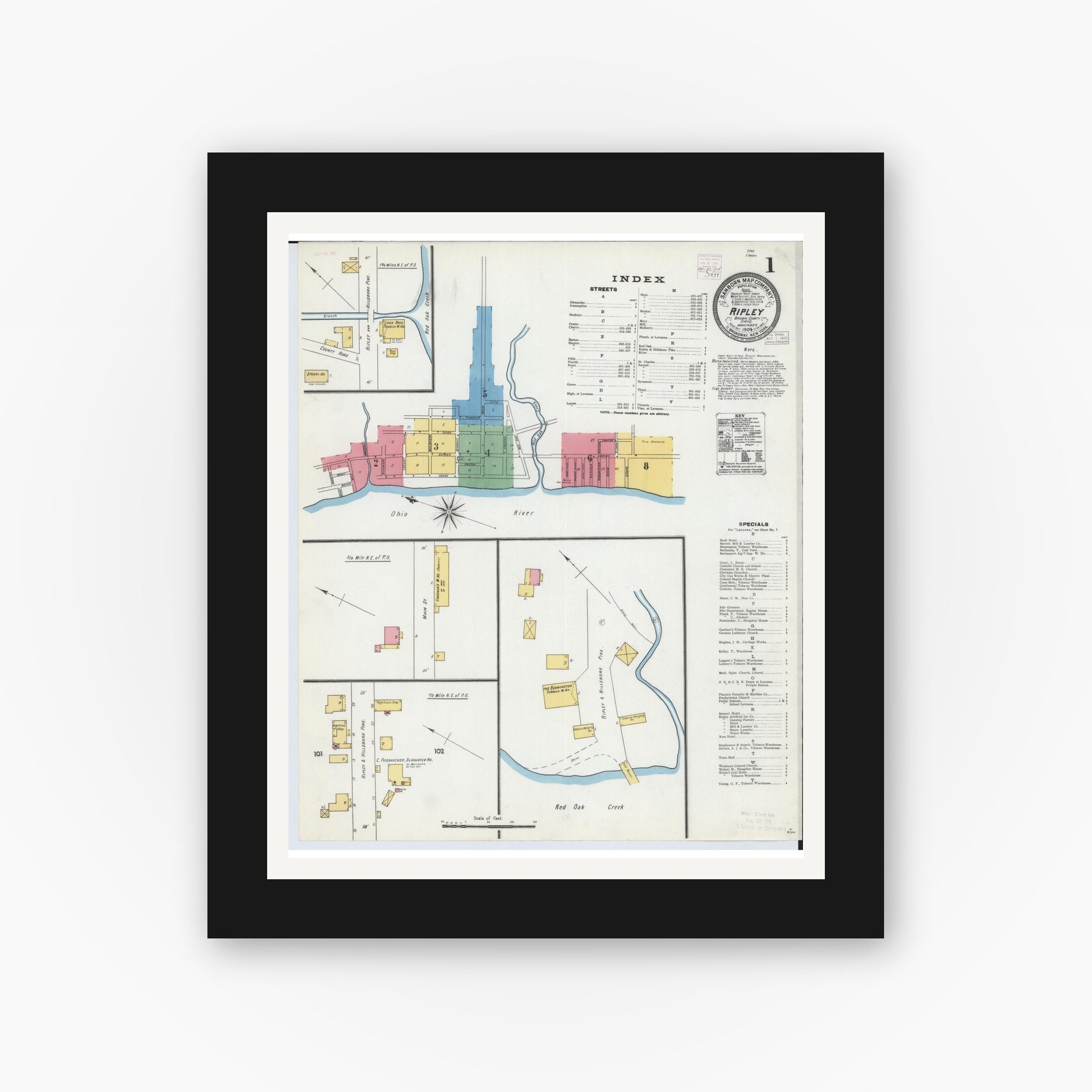 Old map wall art mockup — black gallery frame with white mat — Sanborn Fire Insurance Map from Ripley, Brown County, Ohio (1904), Sheet #0001