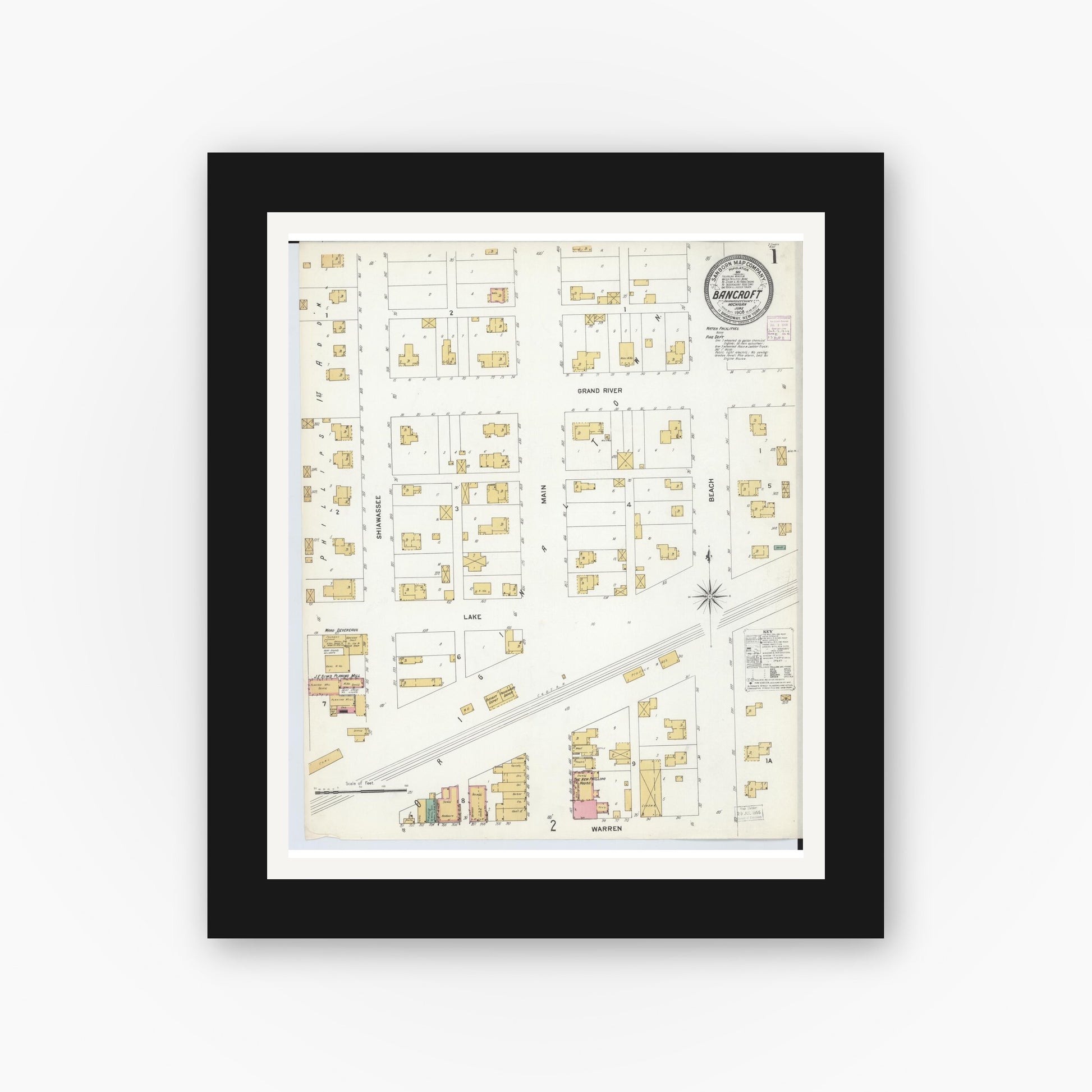 Old map wall art mockup — black gallery frame with white mat — Sanborn Fire Insurance Map from Bancroft, Shiawassee County, Michigan (1908), Sheet #0001