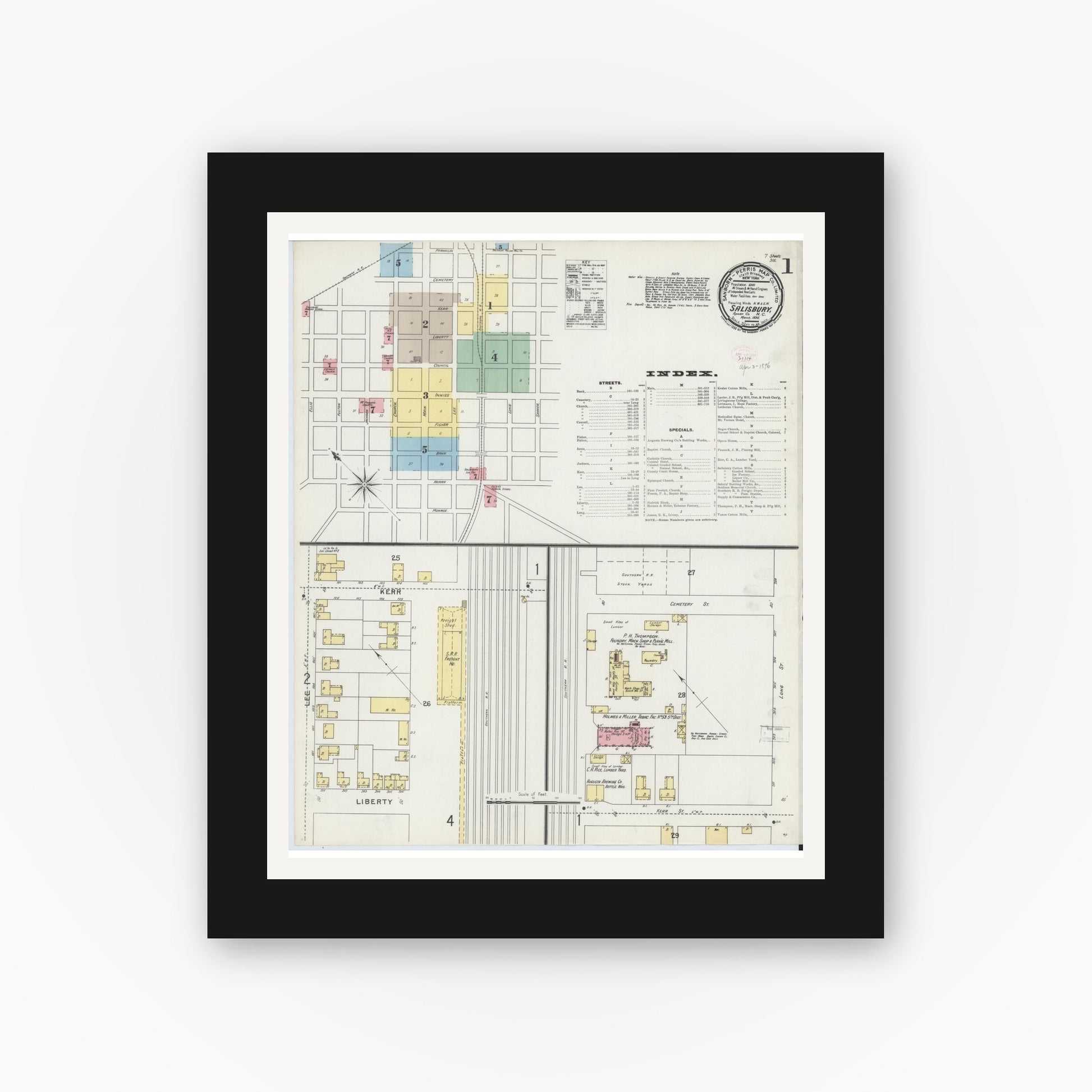 Old map wall art mockup — black gallery frame with white mat — Sanborn Fire Insurance Map from Salisbury, Rowan County, North Carolina (1896) - Complete Map Set