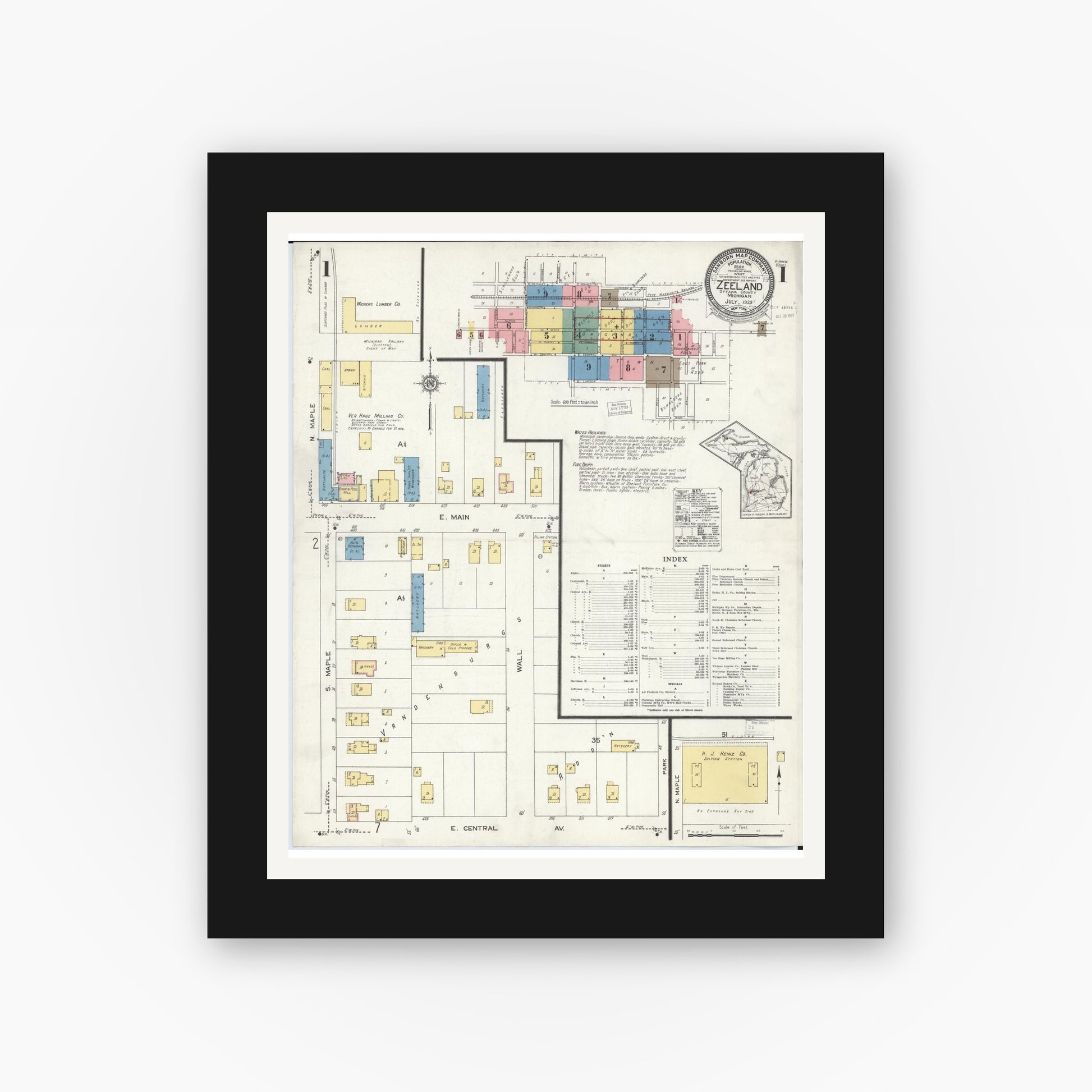 Old map wall art mockup — black gallery frame with white mat — Sanborn Fire Insurance Map from Zeeland, Ottawa County, Michigan (1923), Sheet #0001