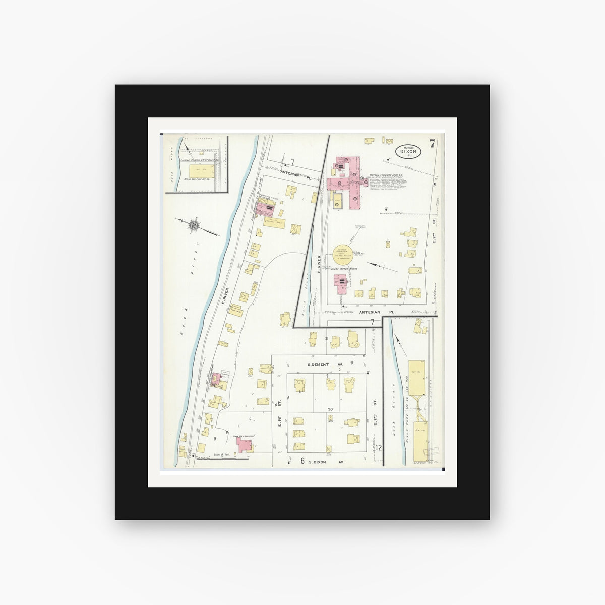 Old map wall art mockup — black gallery frame with white mat — Sanborn Fire Insurance Map from Dixon, Lee County, Illinois (1910), Sheet #0007