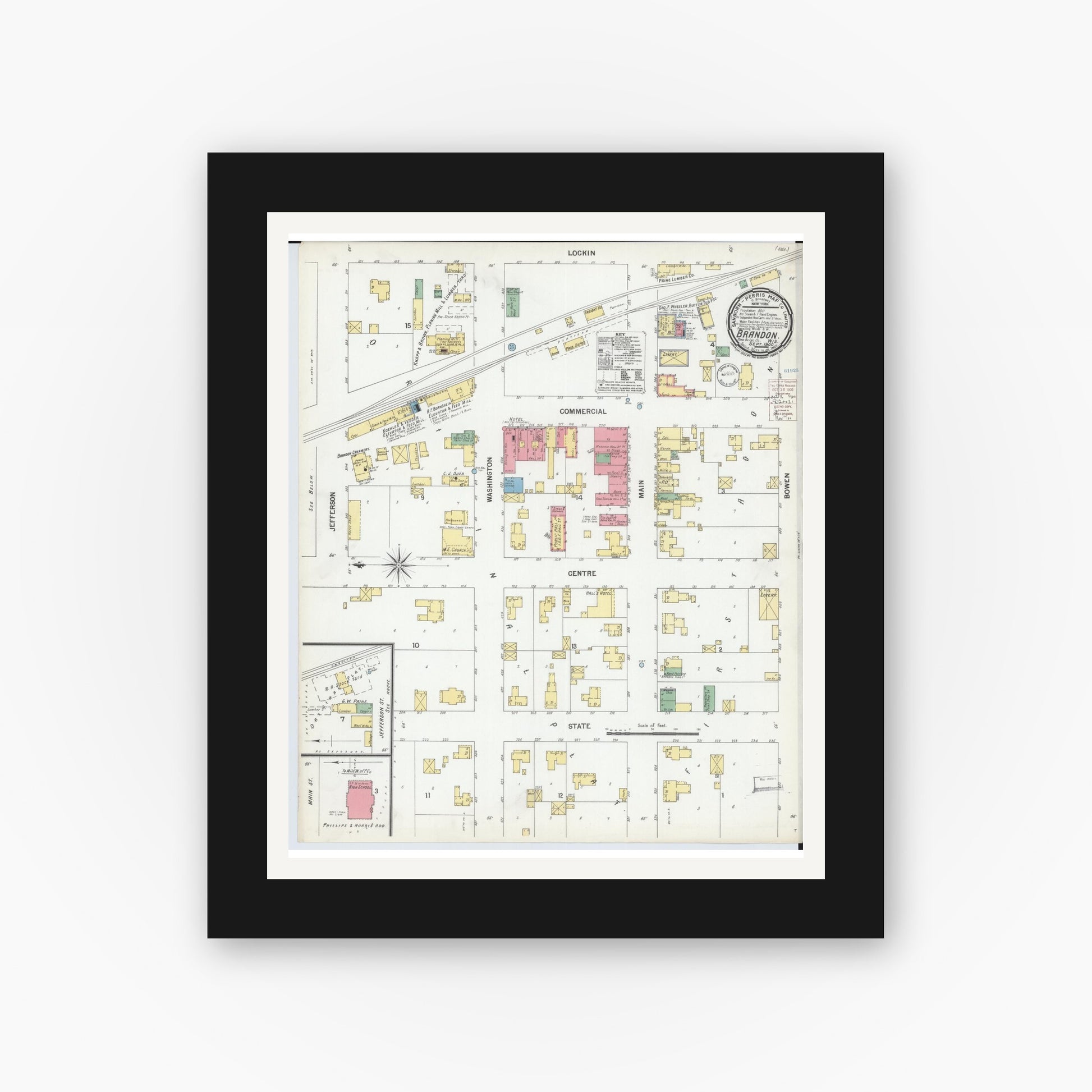 Old map wall art mockup — black gallery frame with white mat — Sanborn Fire Insurance Map from Brandon, Fond du Lac County, Wisconsin (1900), Sheet #0001