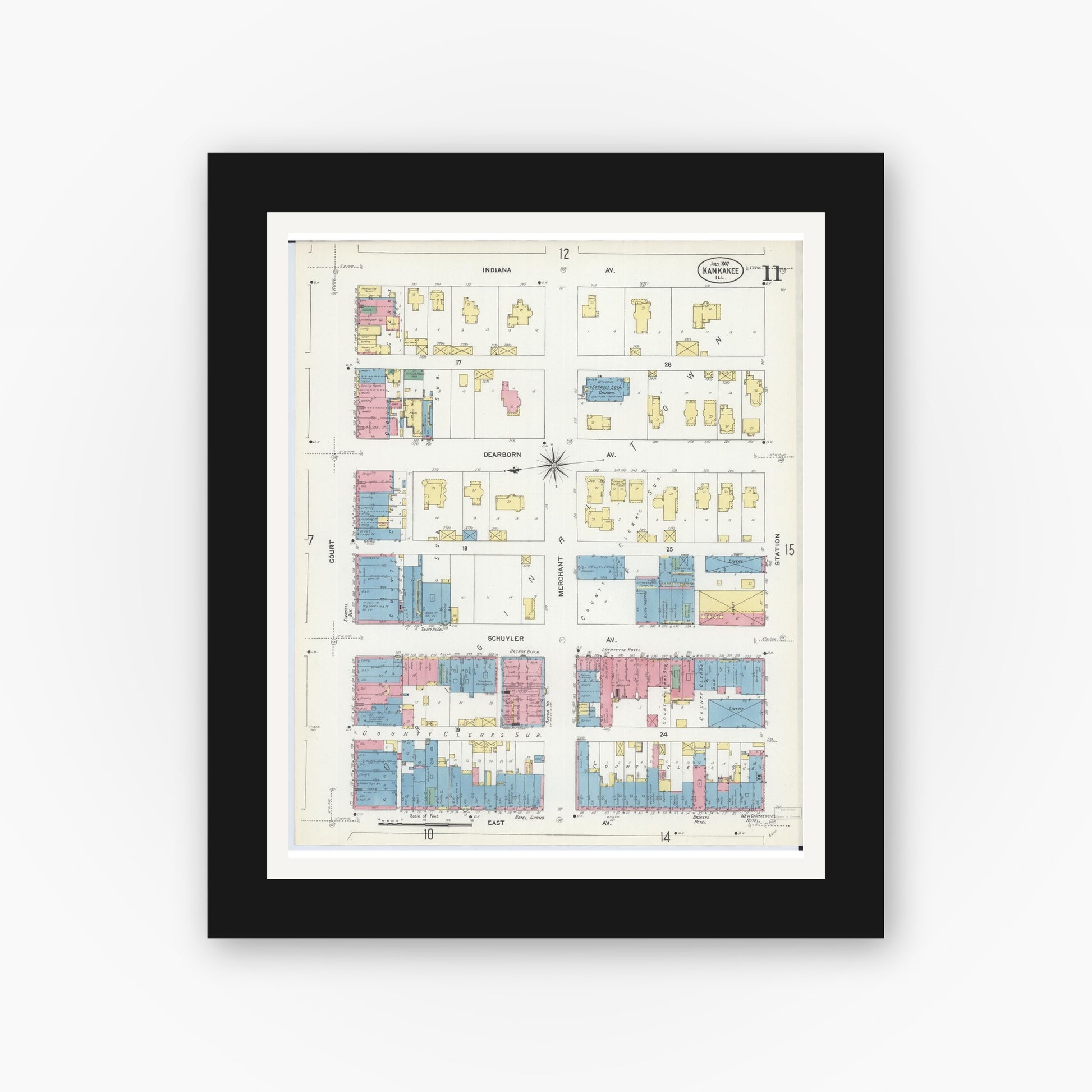 Old map wall art mockup — black gallery frame with white mat — Sanborn Fire Insurance Map from Kankakee, Kankakee County, Illinois (1907), Sheet #0011