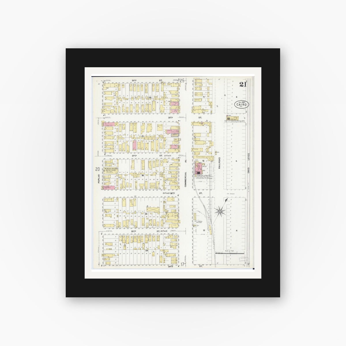 Old map wall art mockup — black gallery frame with white mat — Sanborn Fire Insurance Map from Cairo, Alexander County, Illinois (1907), Sheet #0021