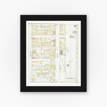 Old map wall art mockup — black gallery frame with white mat — Sanborn Fire Insurance Map from Cairo, Alexander County, Illinois (1907), Sheet #0021