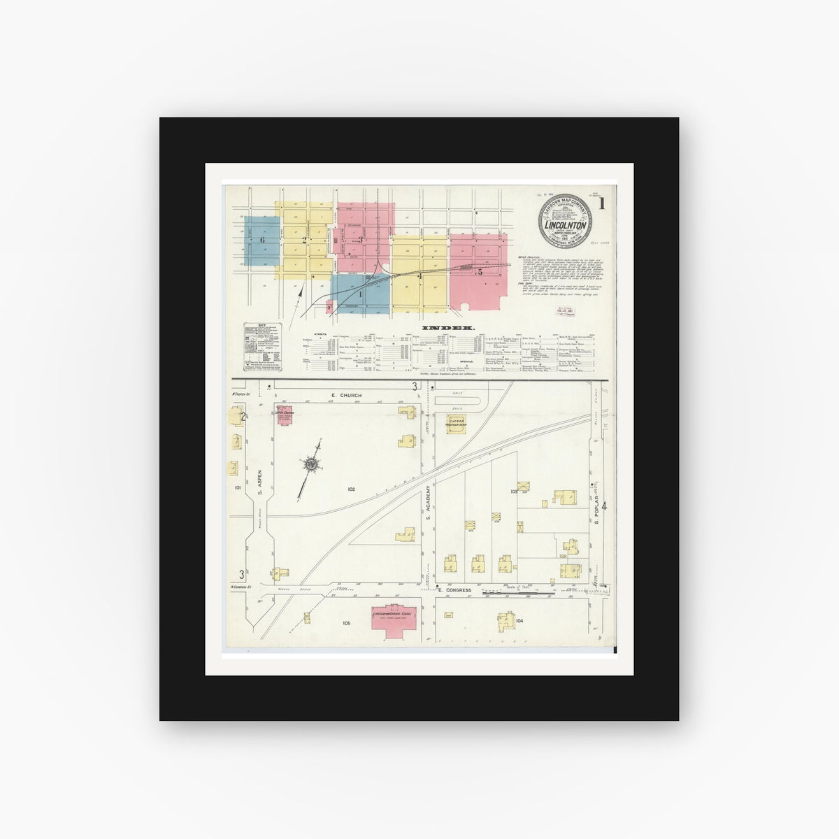 Old map wall art mockup — black gallery frame with white mat — Sanborn Fire Insurance Map from Lincolnton, Lincoln County, North Carolina (1911) - Complete Map Set