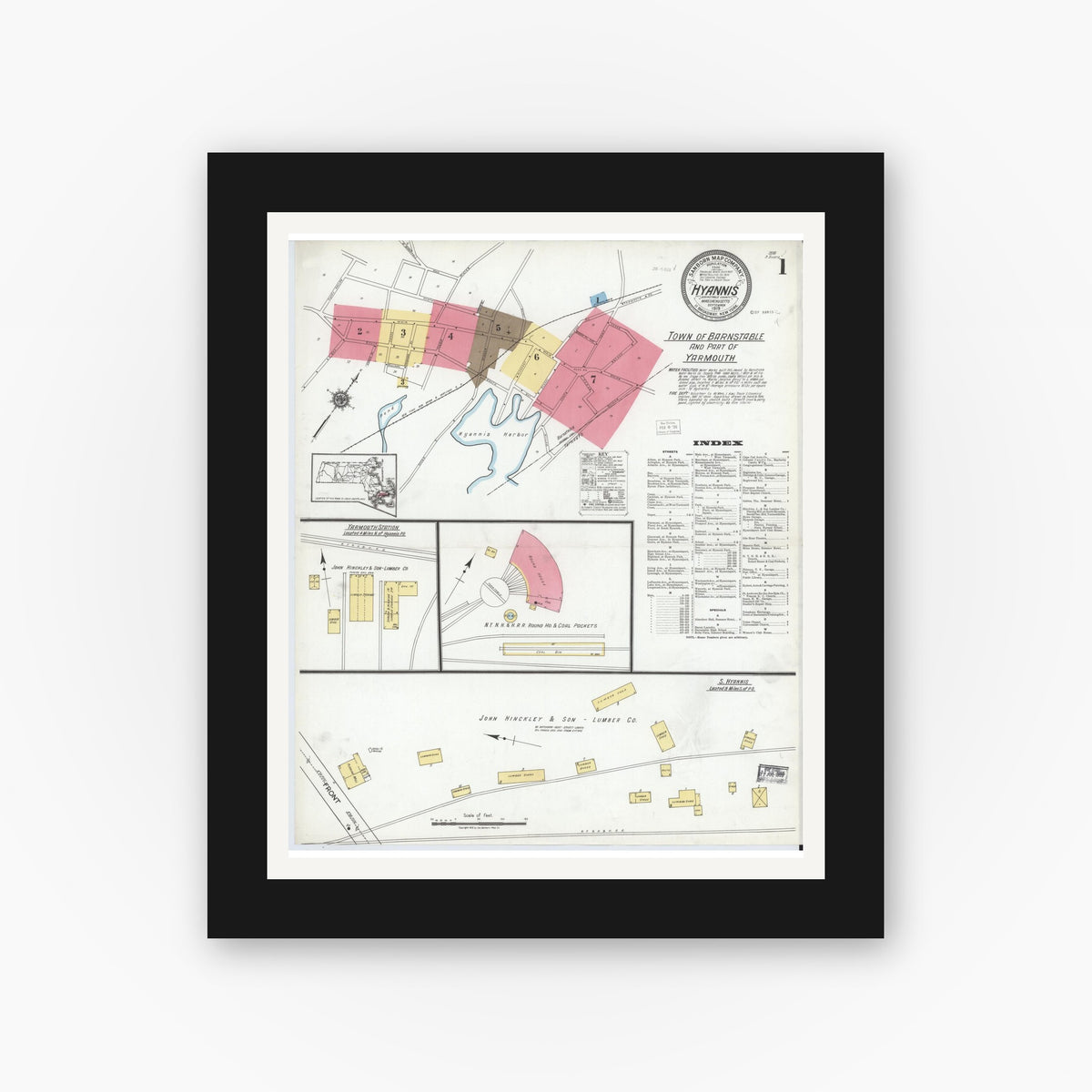 Old map wall art mockup — black gallery frame with white mat — Sanborn Fire Insurance Map from Hyannis, Barnstable County, Massachusetts (1919) - Complete Map Set