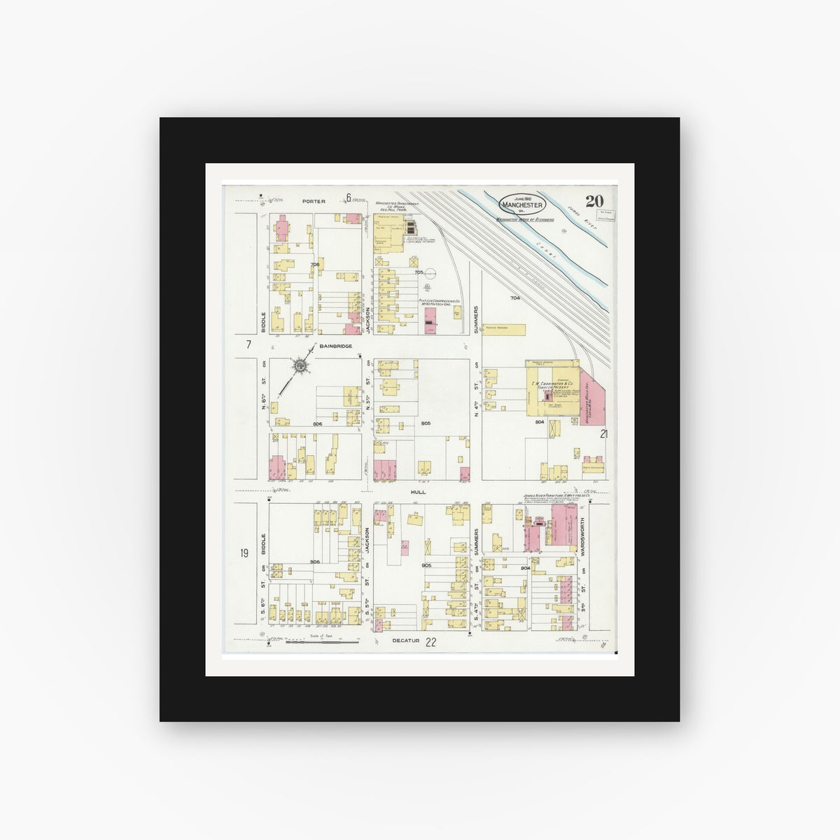 Old map wall art mockup — black gallery frame with white mat — Sanborn Fire Insurance Map from Manchester, Chesterfield County, Virginia (1910), Sheet #0020