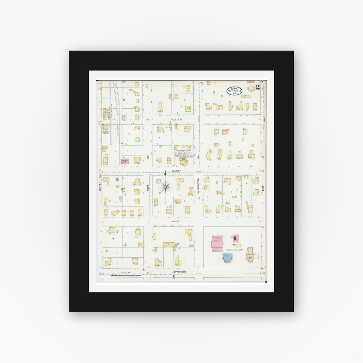 Old map wall art mockup — black gallery frame with white mat — Sanborn Fire Insurance Map from Viroqua, Vernon County, Wisconsin (1905), Sheet #0002