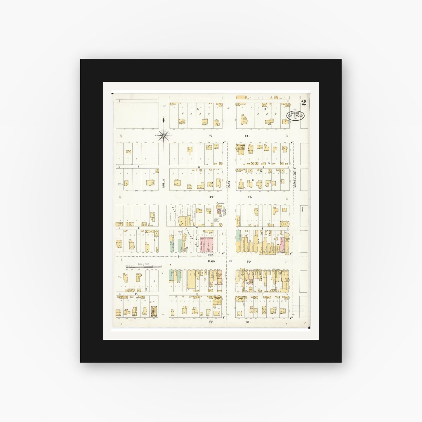 Old map wall art mockup — black gallery frame with white mat — Sanborn Fire Insurance Map from Griswold, Cass County, Iowa (1899), Sheet #0002